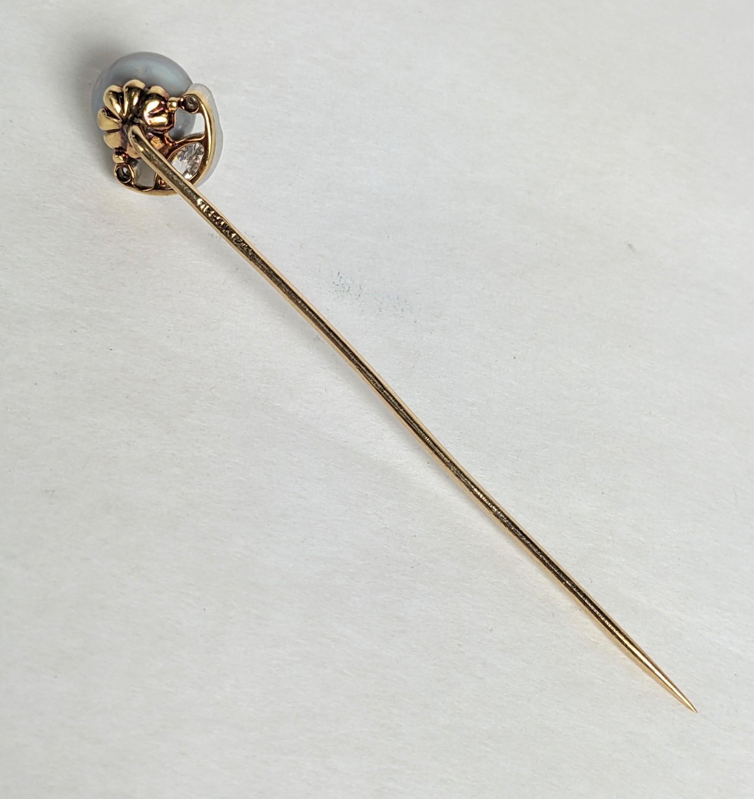 Tiffany Natural Pearl and Marquise Diamond Stick Pin In Good Condition For Sale In Riverdale, NY