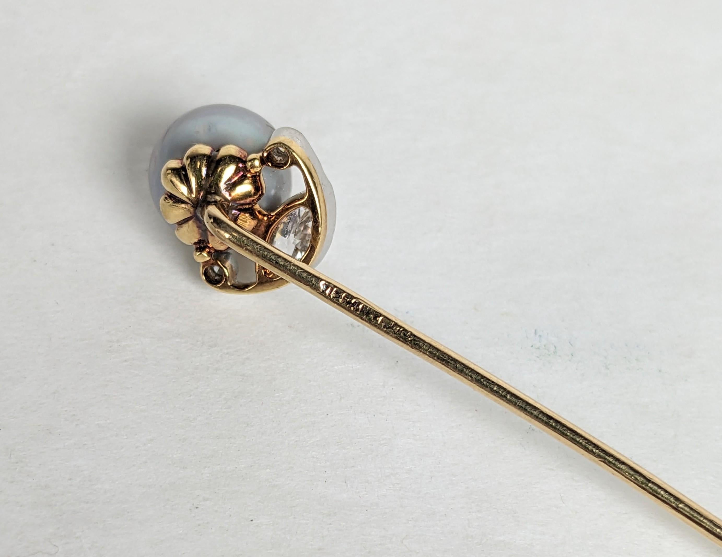Women's or Men's Tiffany Natural Pearl and Marquise Diamond Stick Pin For Sale