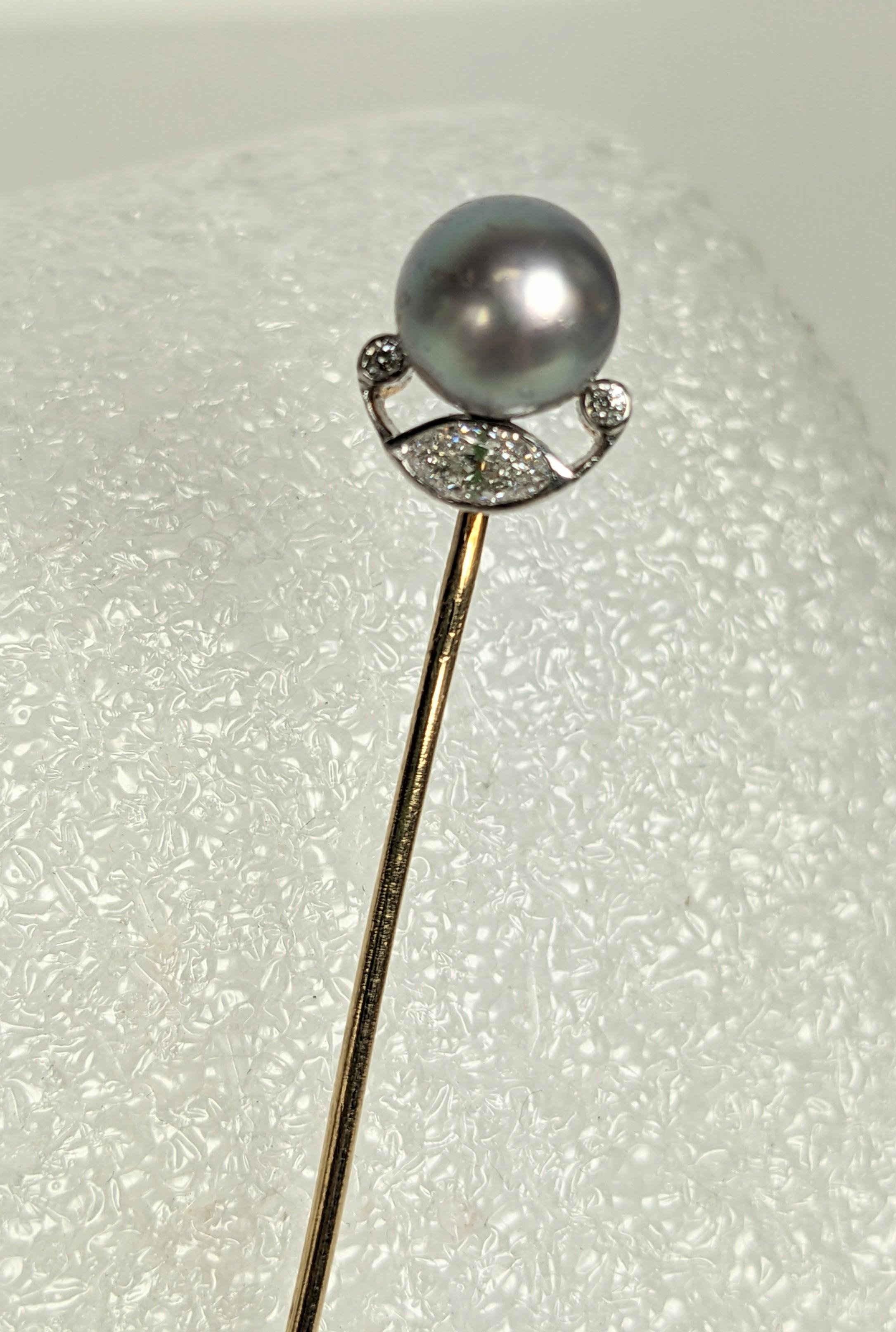 Tiffany Natural Pearl and Marquise Diamond Stick Pin For Sale 1