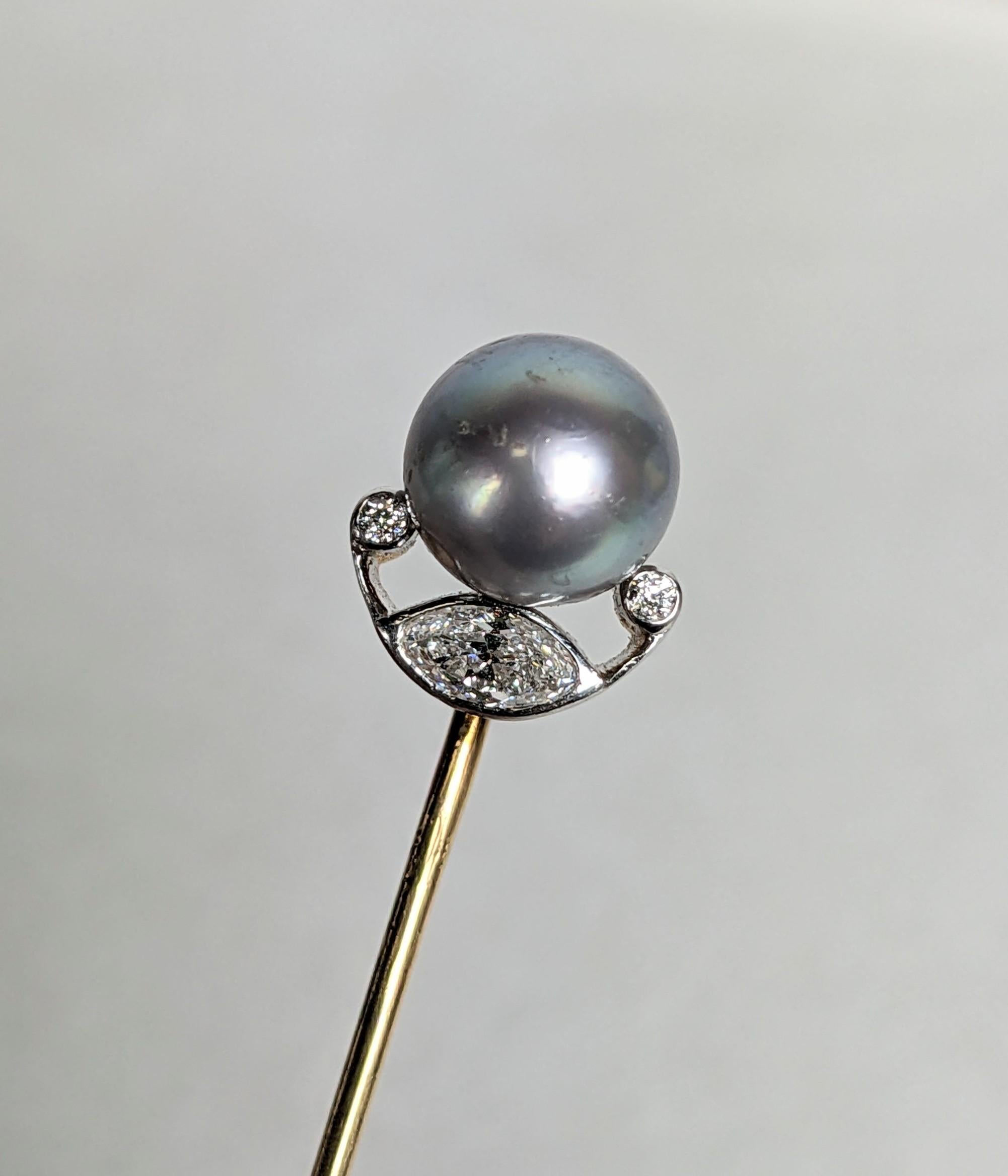 Tiffany Natural Pearl and Marquise Diamond Stick Pin For Sale 2