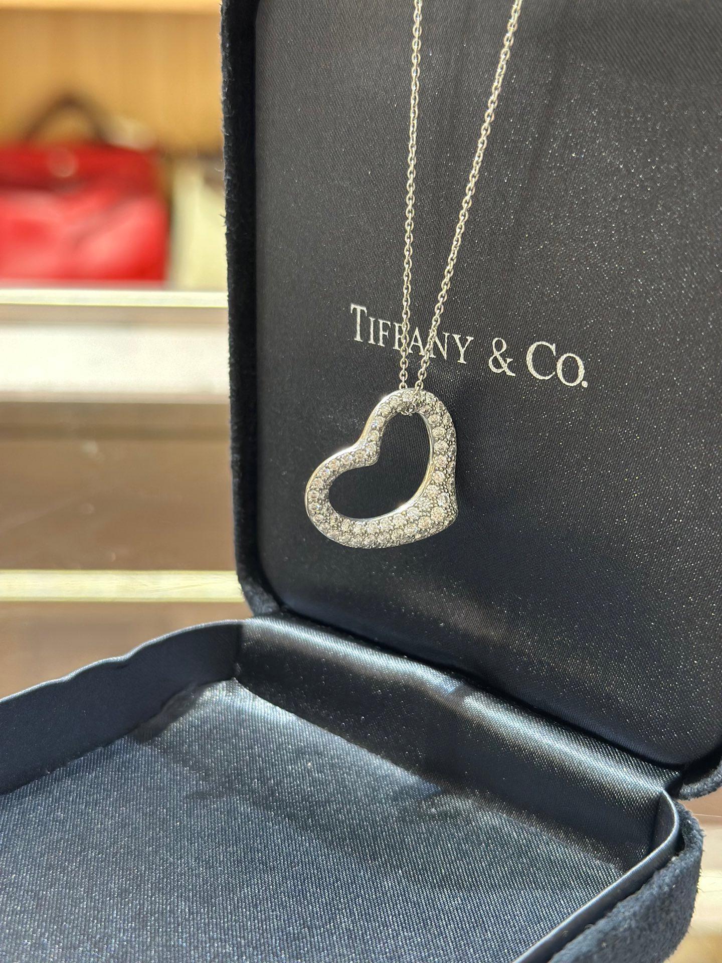 Tiffany Open Heart Pave Diamond Necklace, PT950 Platinum, Full-Set