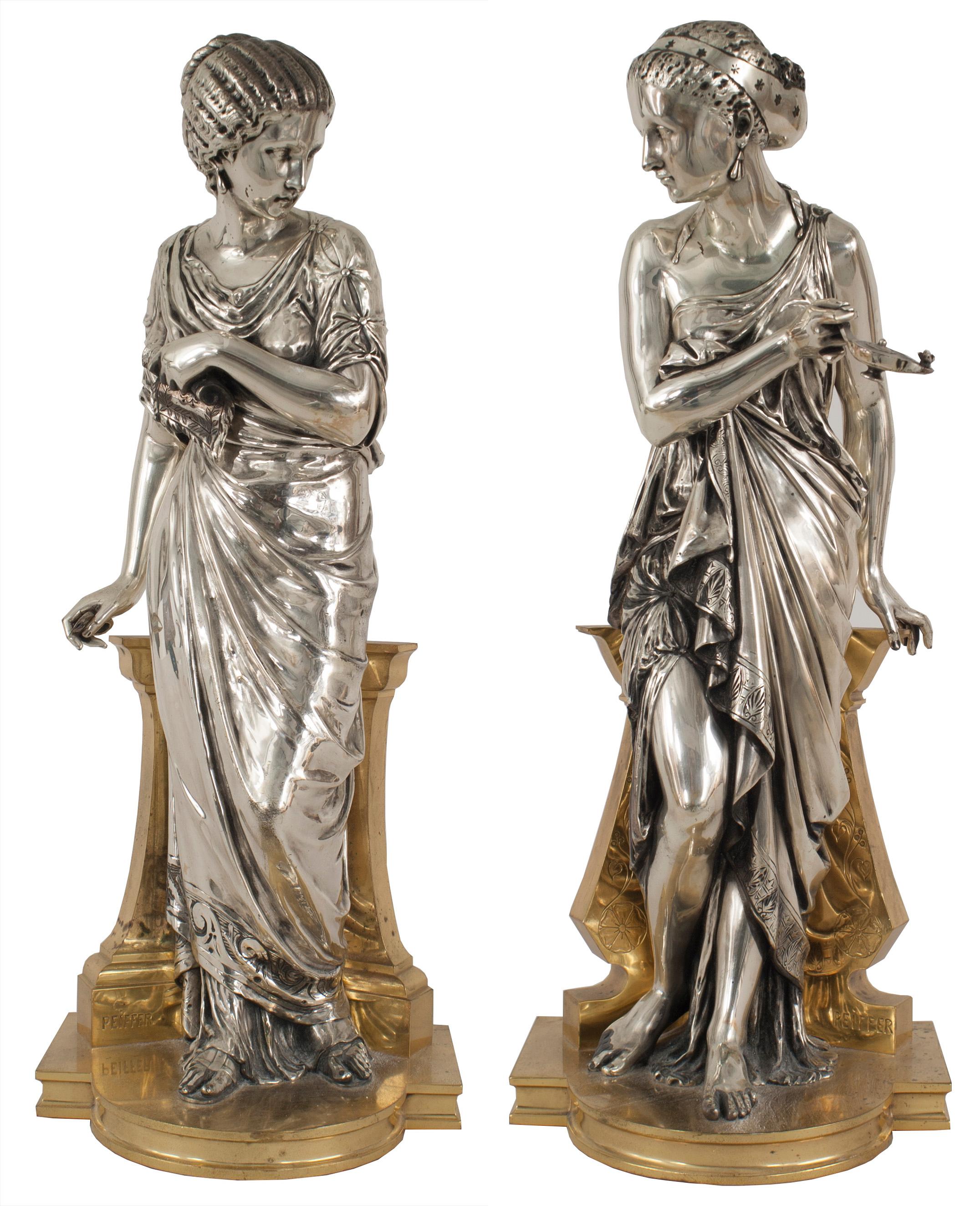 Tiffany Pair of French Victorian Silvered Classical Greek Female Figures In Good Condition For Sale In New York, NY