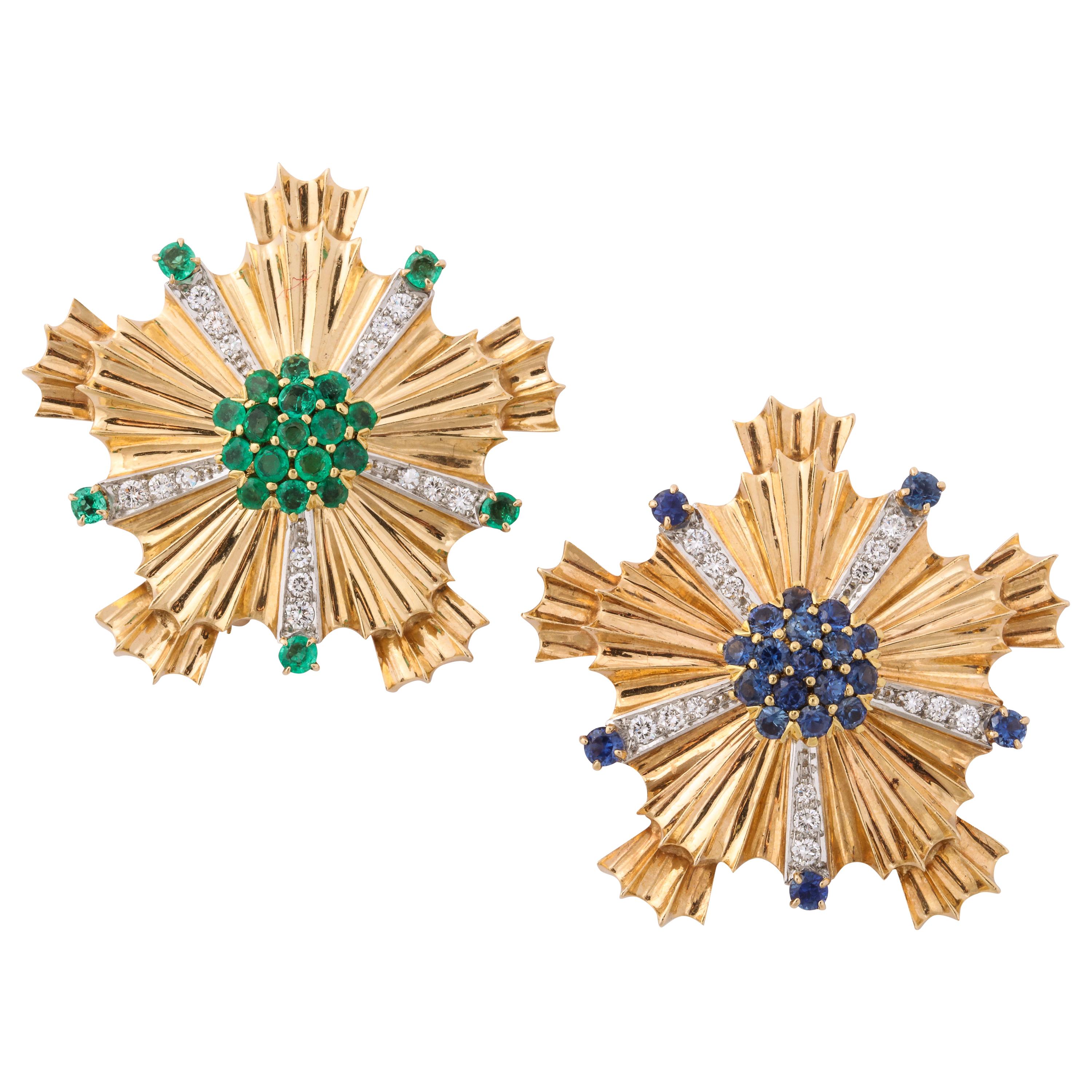 Tiffany Pair of Sapphire Emerald Diamond Gold Brooches