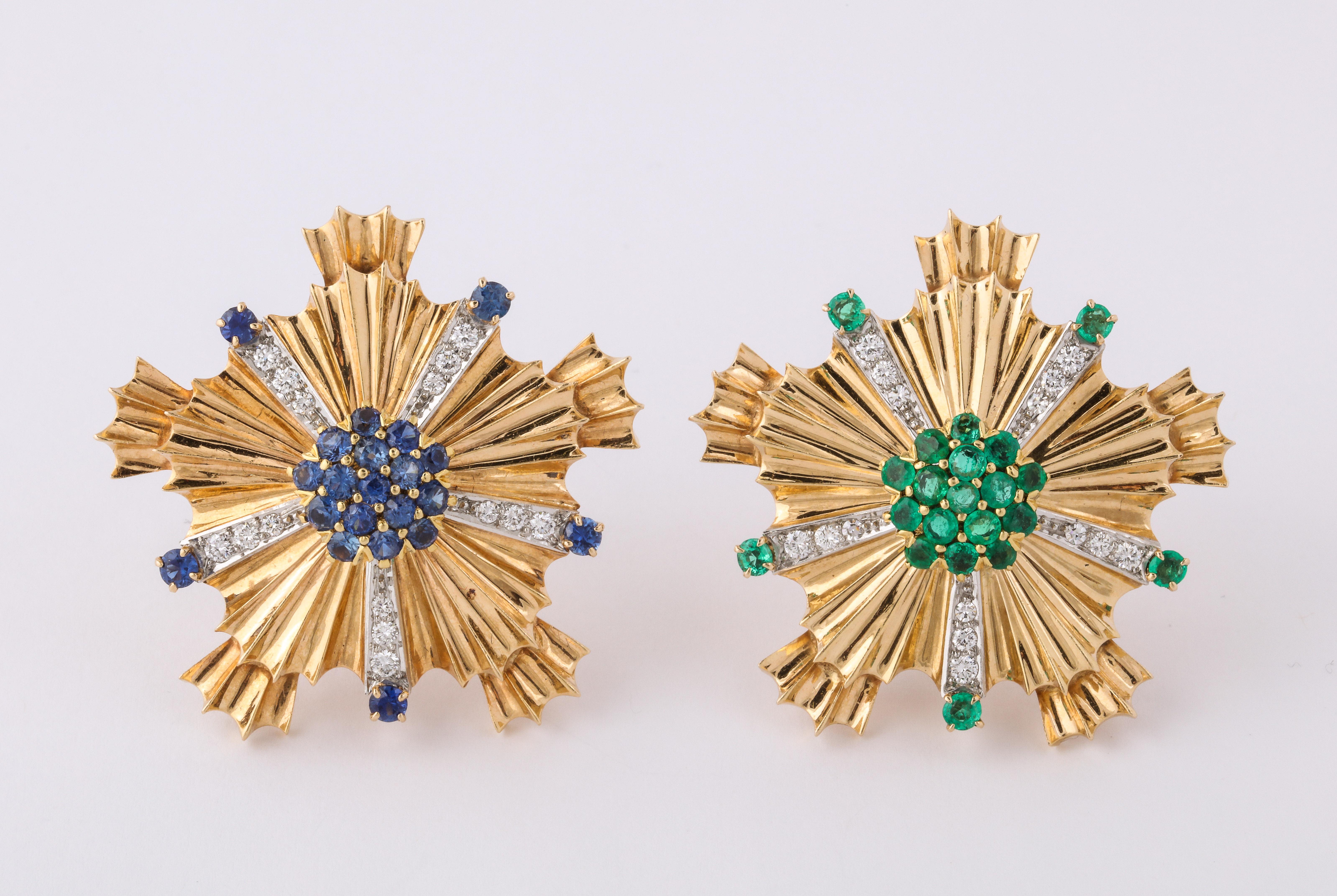 Tiffany Pair of Sapphire Emerald Diamond Gold Brooches 6