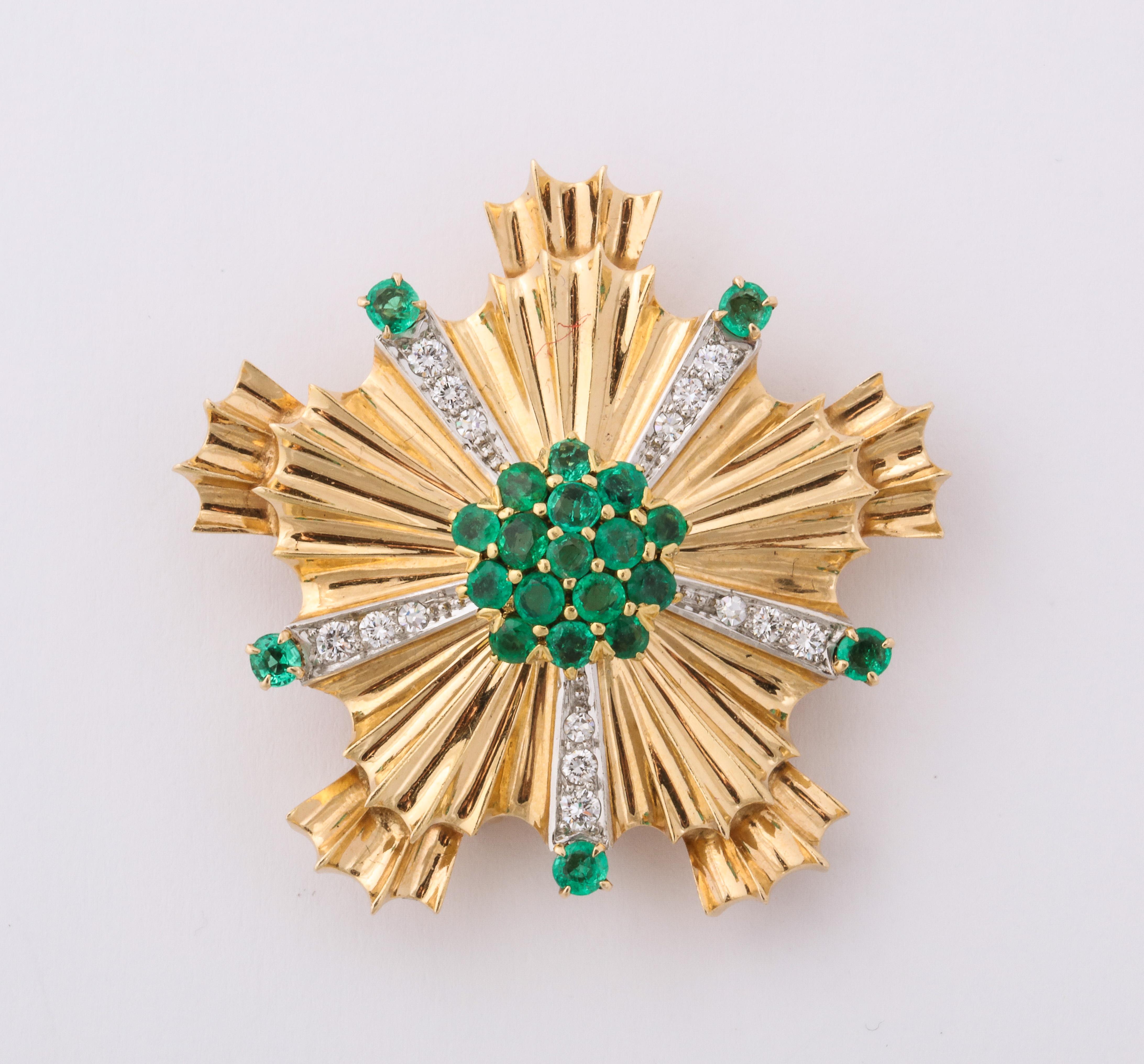 Emerald Cut Tiffany Pair of Sapphire Emerald Diamond Gold Brooches