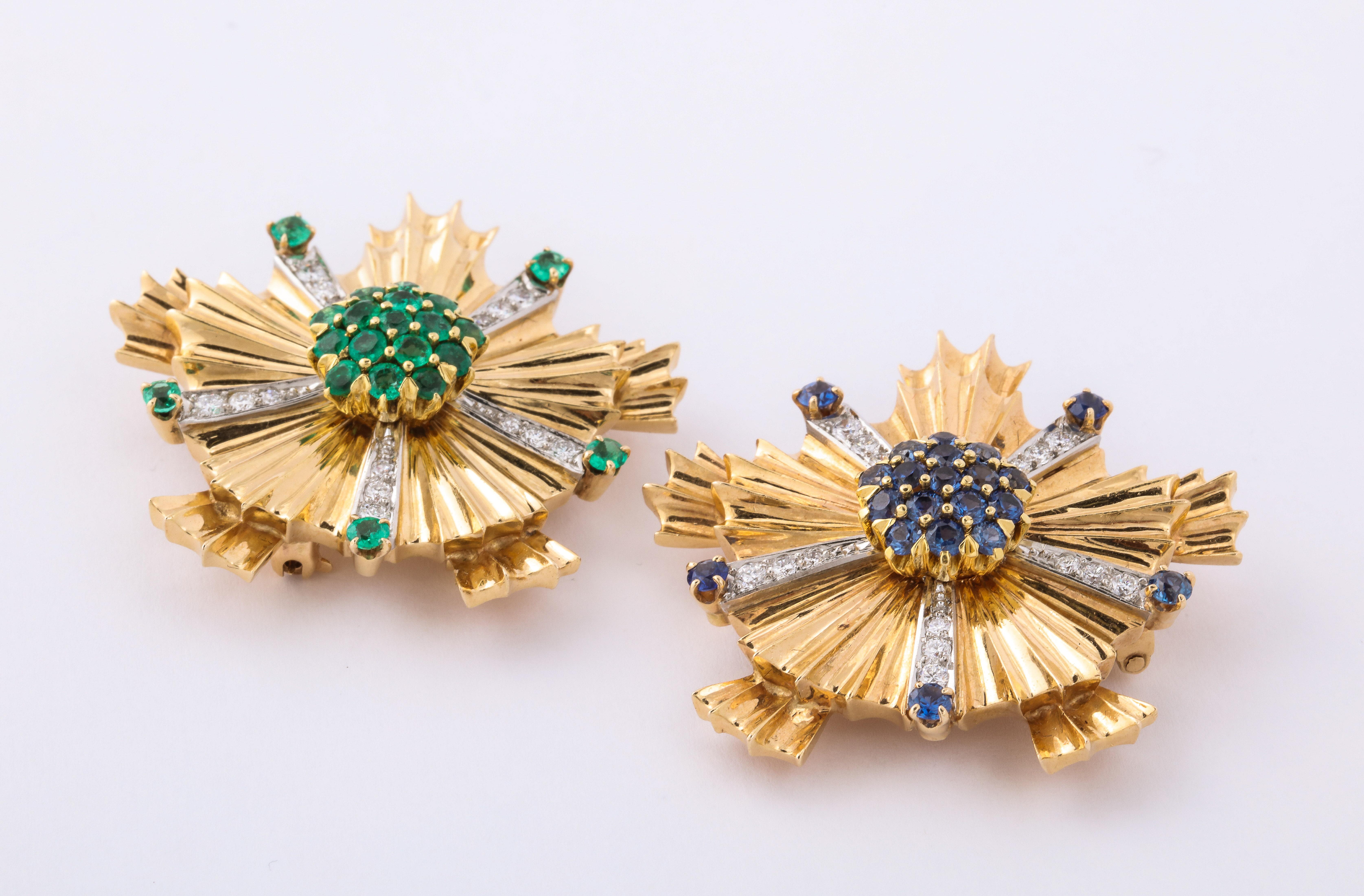 Tiffany Pair of Sapphire Emerald Diamond Gold Brooches 3