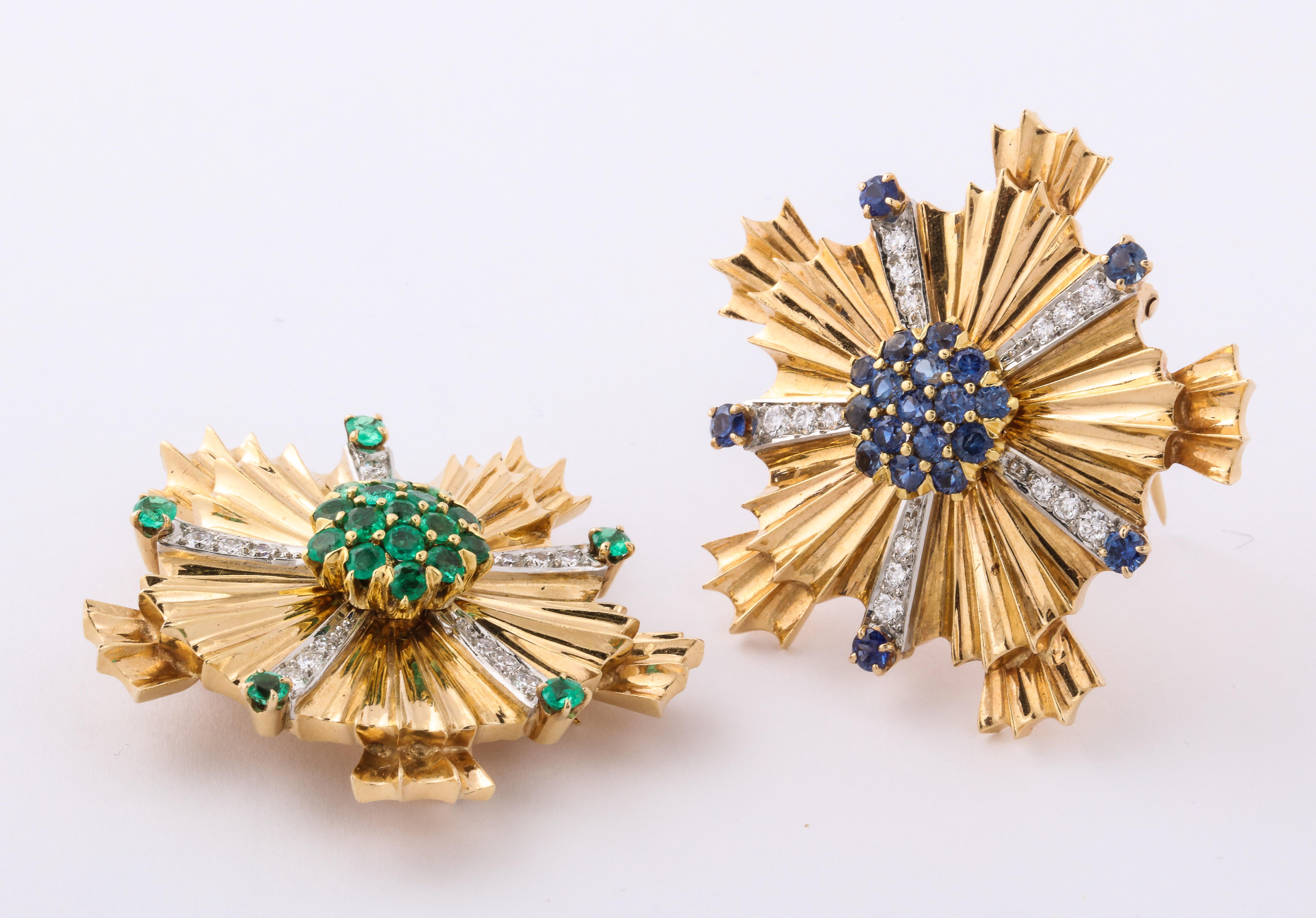 Tiffany Pair of Sapphire Emerald Diamond Gold Brooches 4