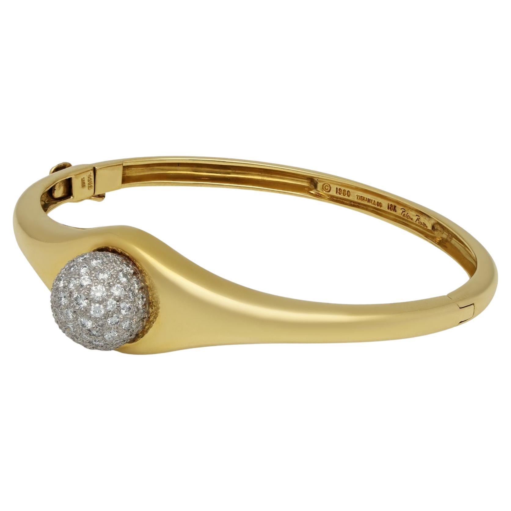 Tiffany Paloma Picasso Gold Bangle with Pavé Diamond Sphere For Sale