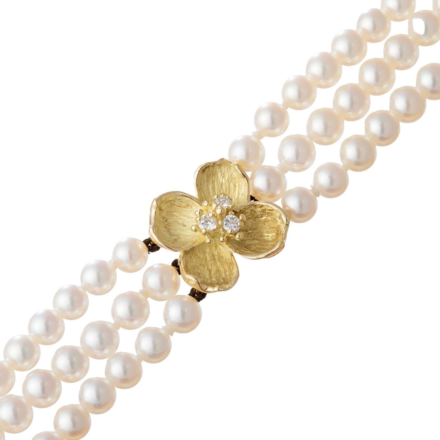 Brilliant Cut Tiffany Pearl 18k Gold Diamond Dogwood Flower Bracelet