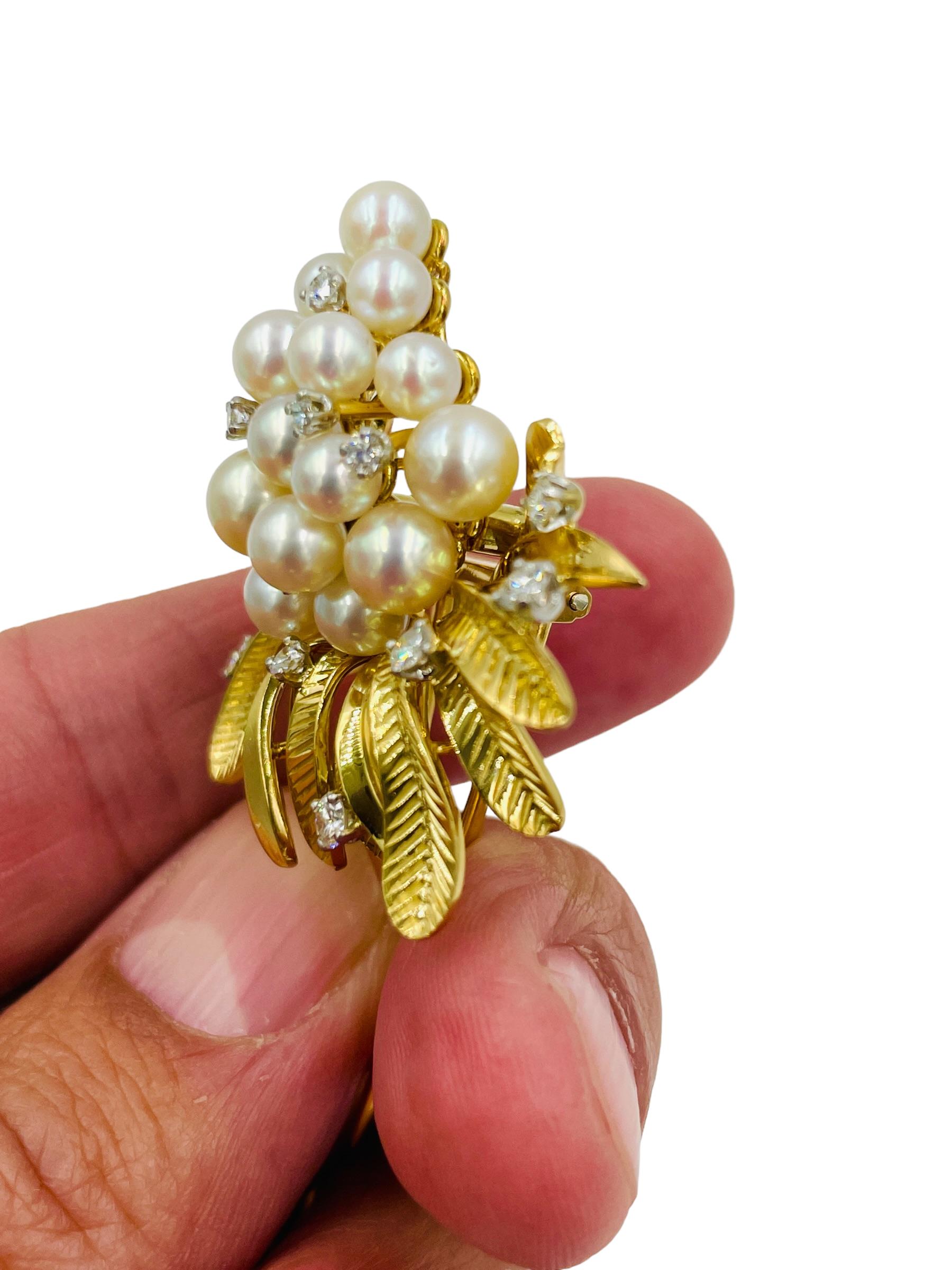 Round Cut Tiffany Pearl Diamond Yellow Gold Brooch  For Sale