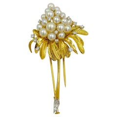 Retro Tiffany Pearl Diamond Yellow Gold Brooch 