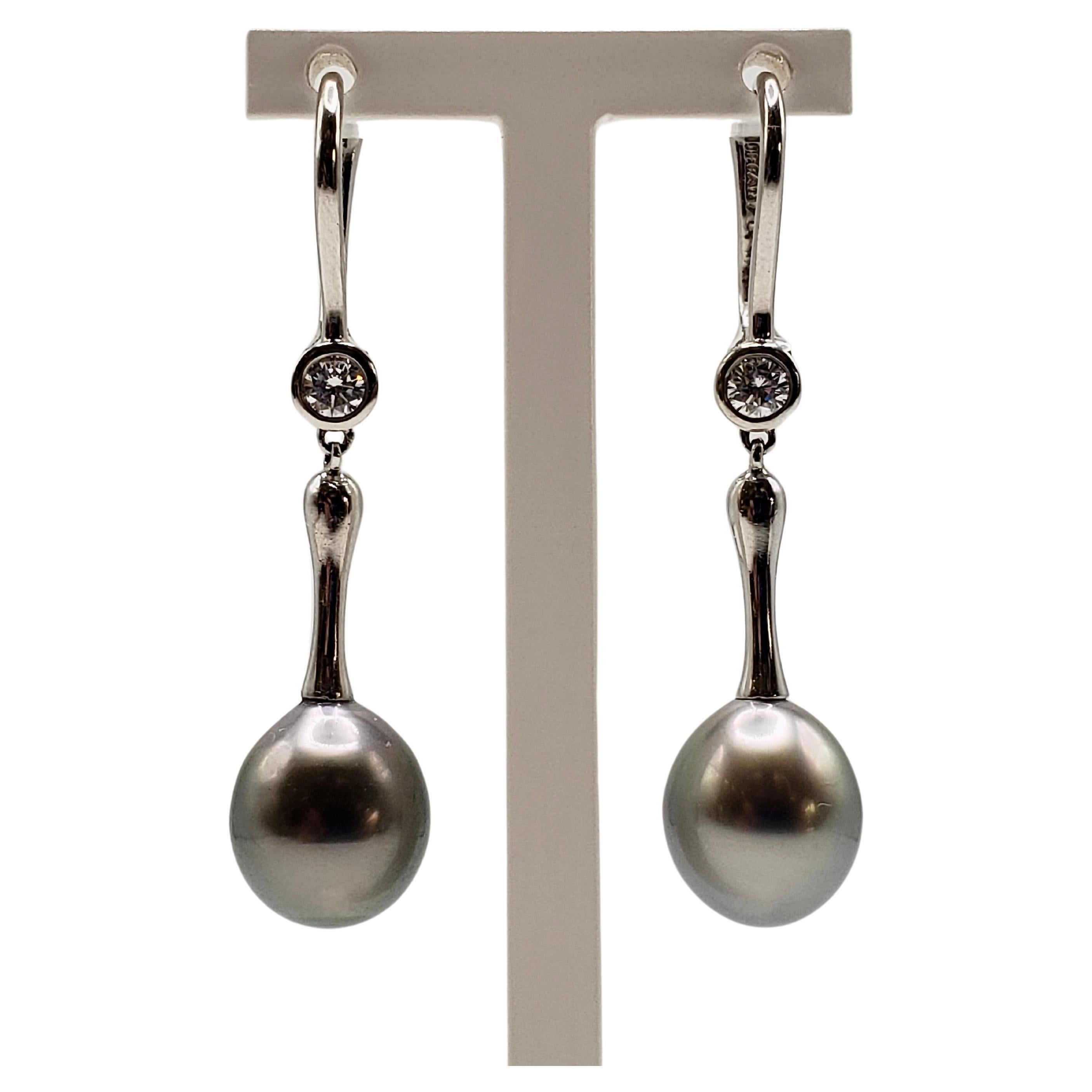 Tiffany Platinum Diamond Pearl Dangle Earrings For Sale