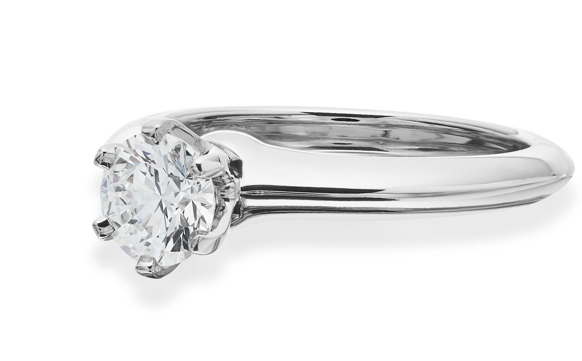 Modern Tiffany Platinum Single Stone/Solitaire Round Brilliant 0.69Ct H IF Diamond Ring