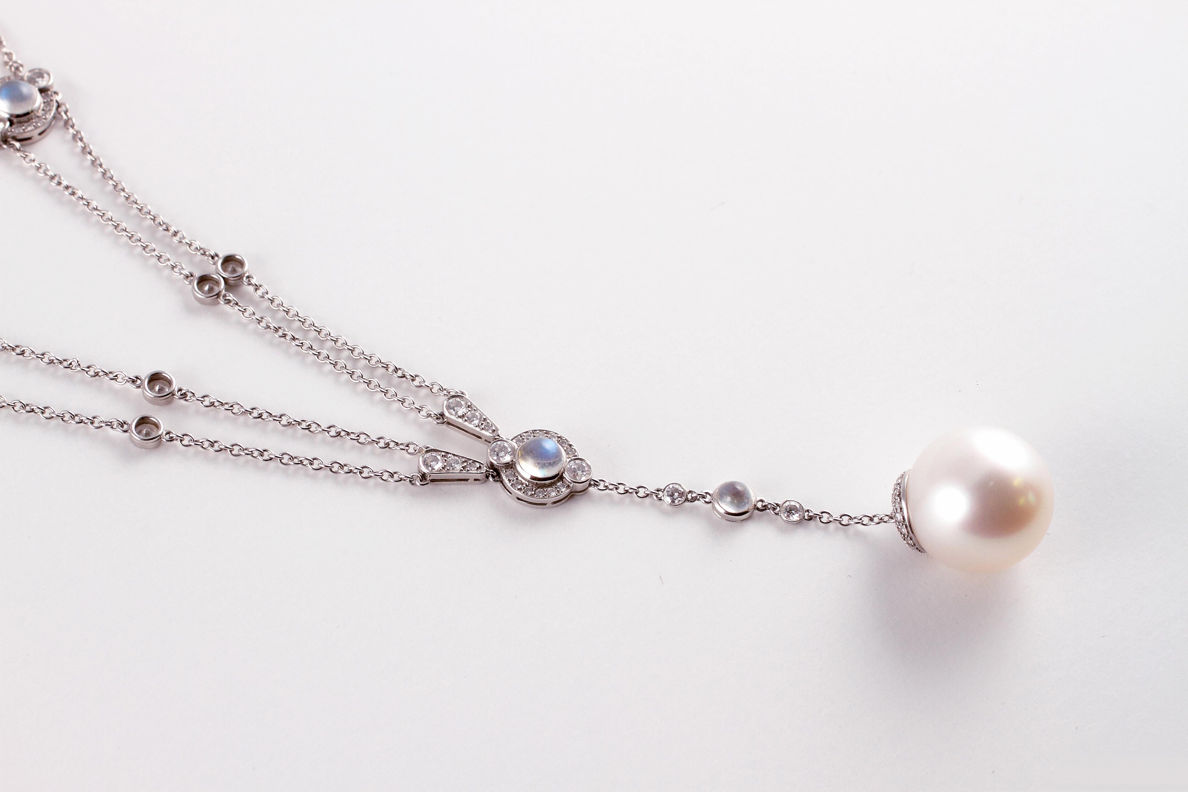 Round Cut Tiffany Platinum South Sea Pearl Moonstone 3.02 Carat Diamond Necklace