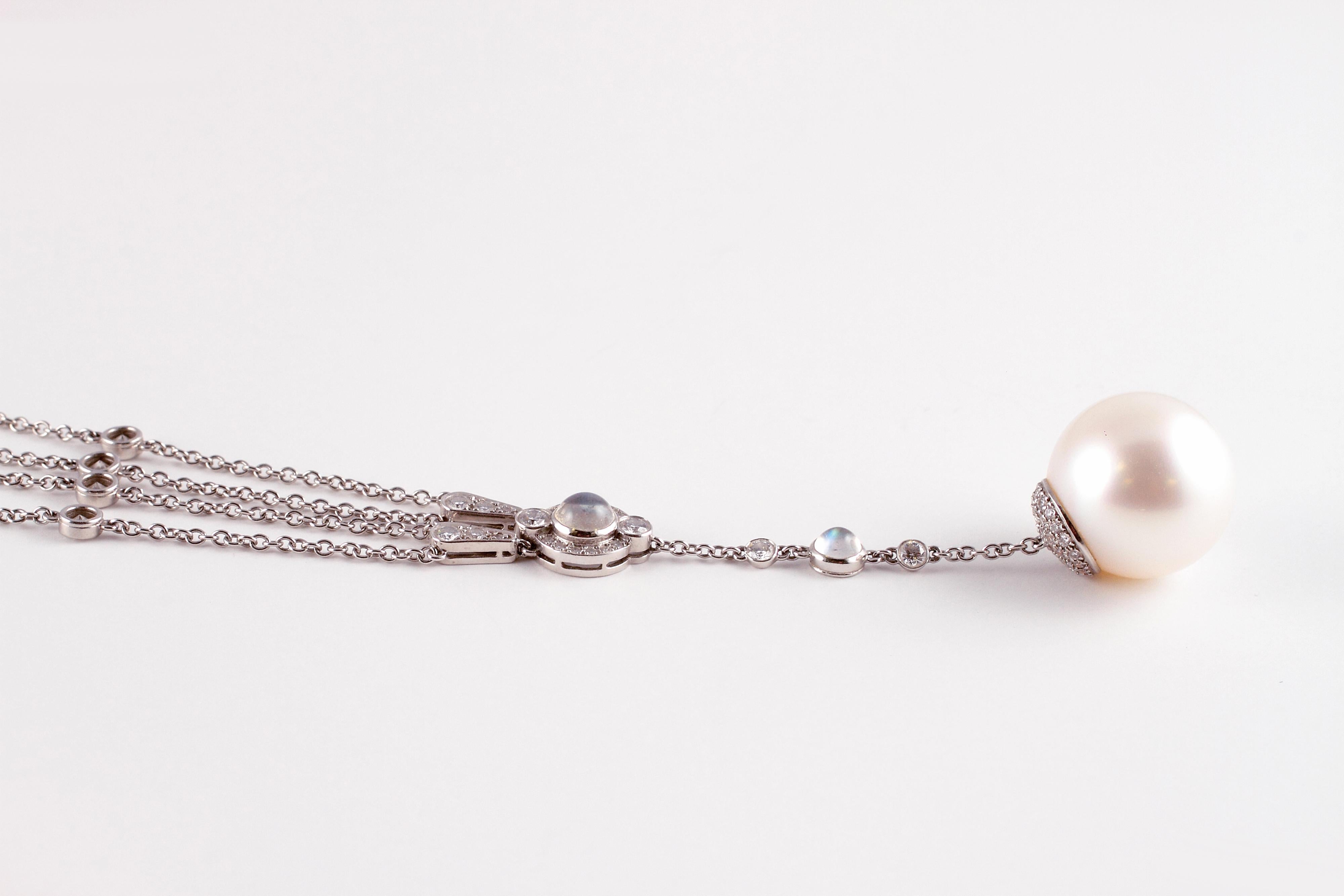 Women's or Men's Tiffany Platinum South Sea Pearl Moonstone 3.02 Carat Diamond Necklace