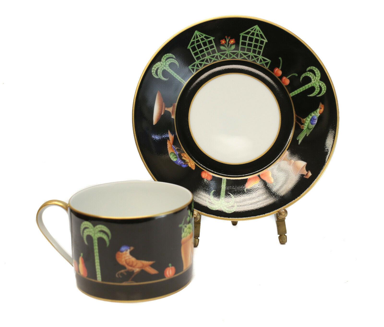 European Tiffany Private Stock Le Tallec Porcelain Tea Cup and Saucers Black Shoulder For Sale