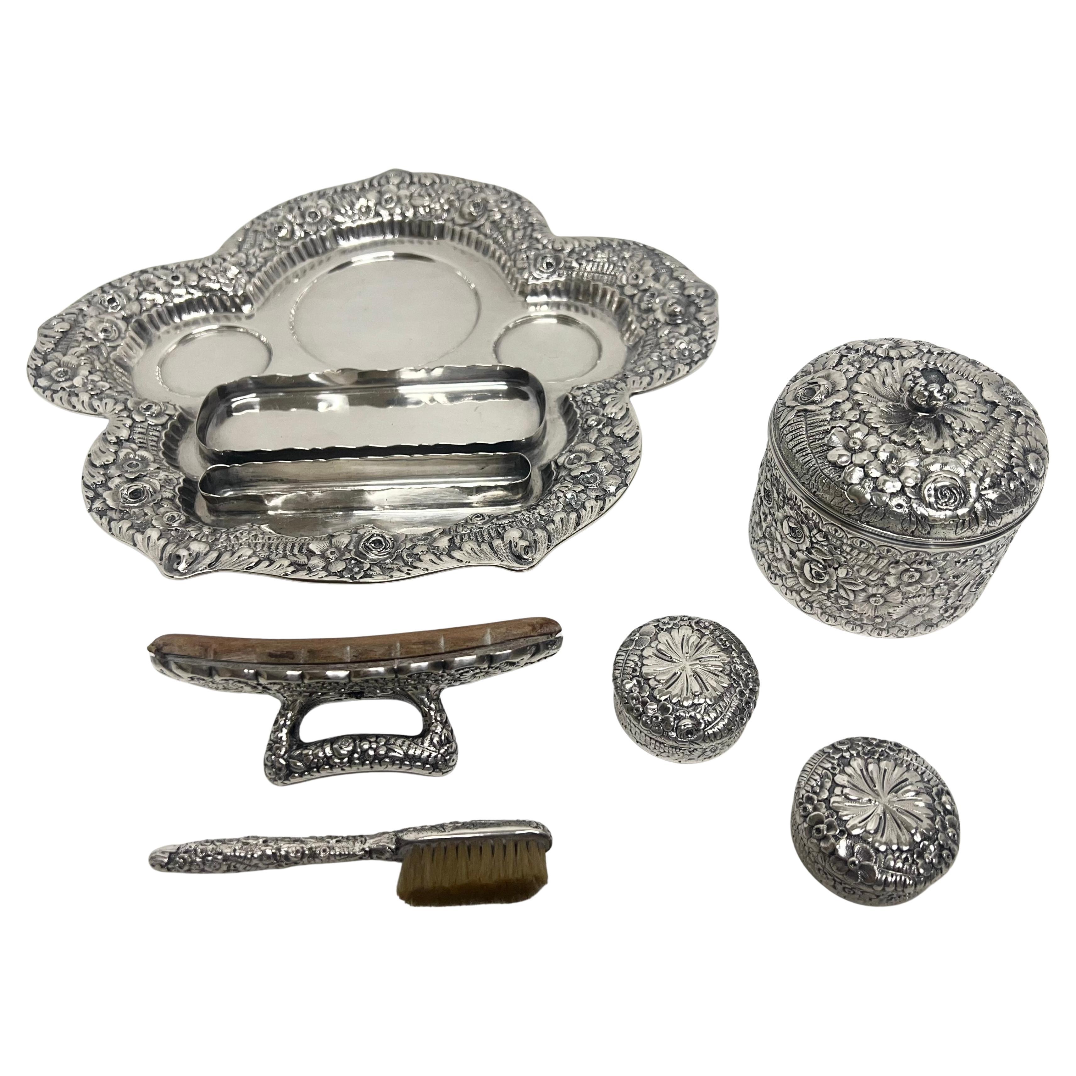 Victorian Tiffany Repoussé Sterling Silver 11-Piece Vanity Dresser Set