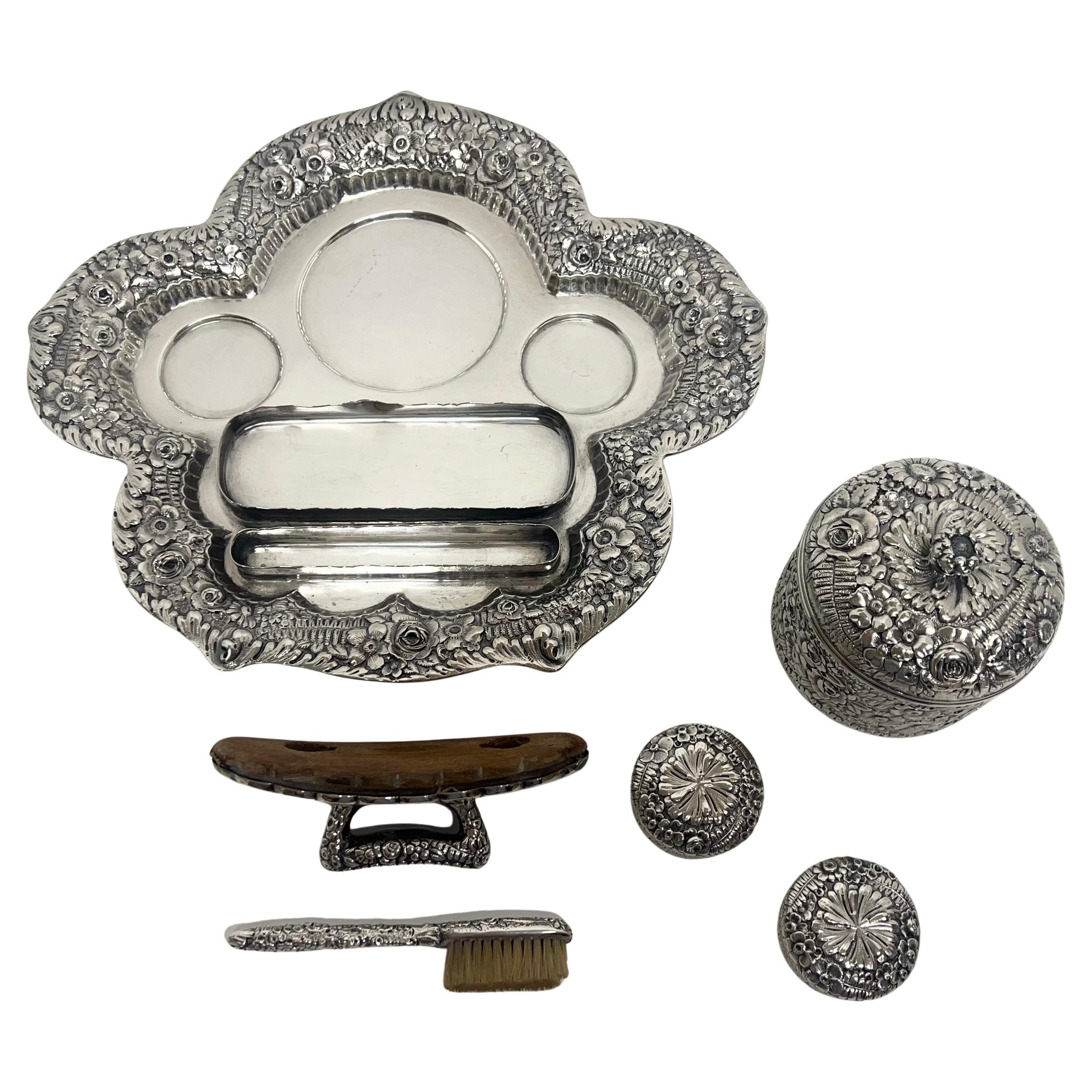 Women's or Men's Tiffany Repoussé Sterling Silver 11-Piece Vanity Dresser Set