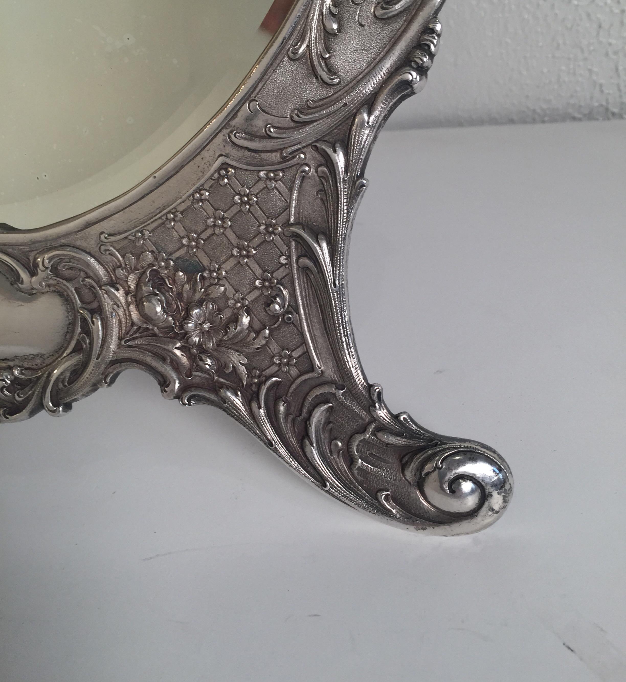 German Antique Tiffany Repousse Sterling Silver Standing Vanity Mirror