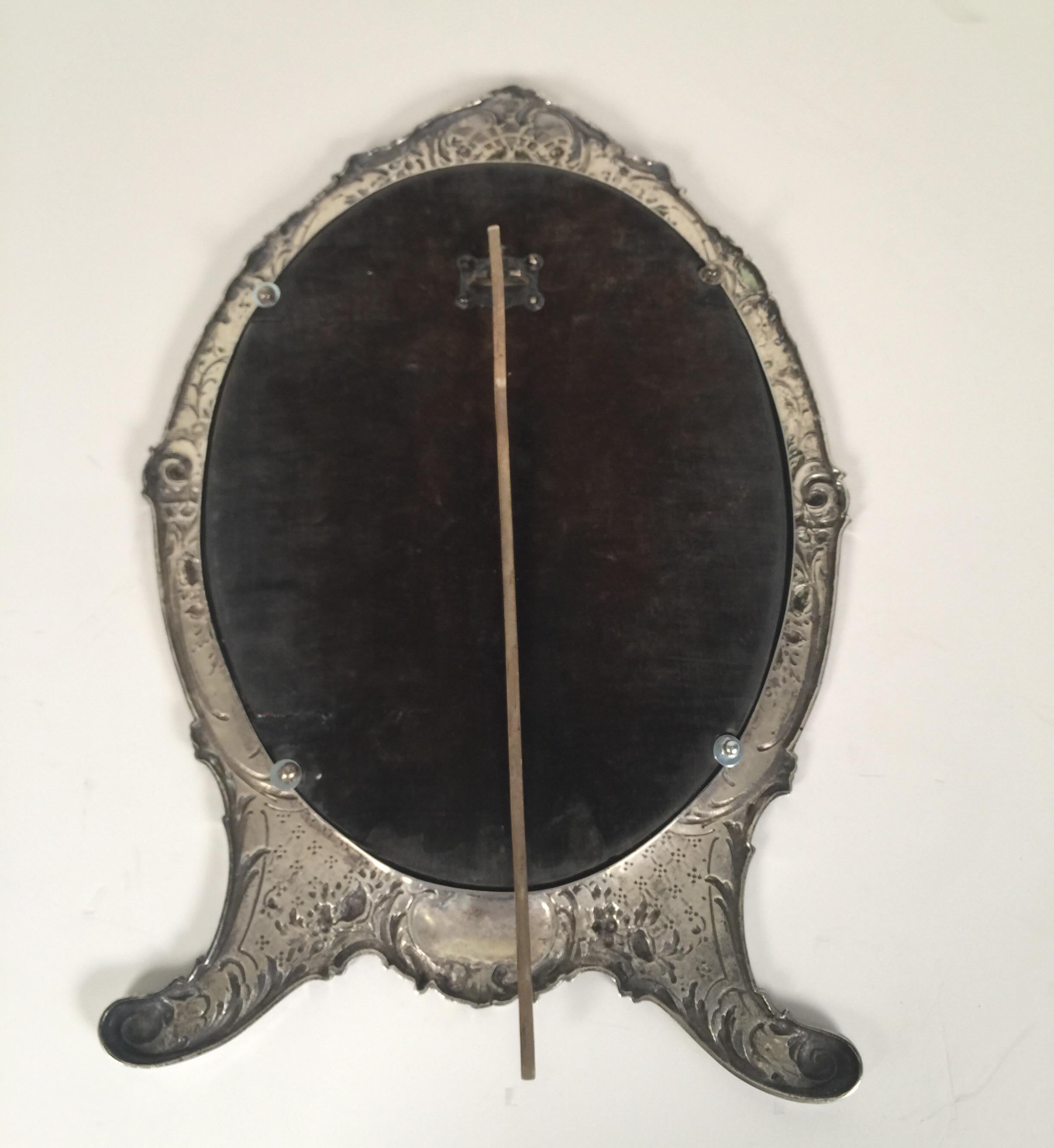 Antique Tiffany Repousse Sterling Silver Standing Vanity Mirror In Good Condition In Lambertville, NJ