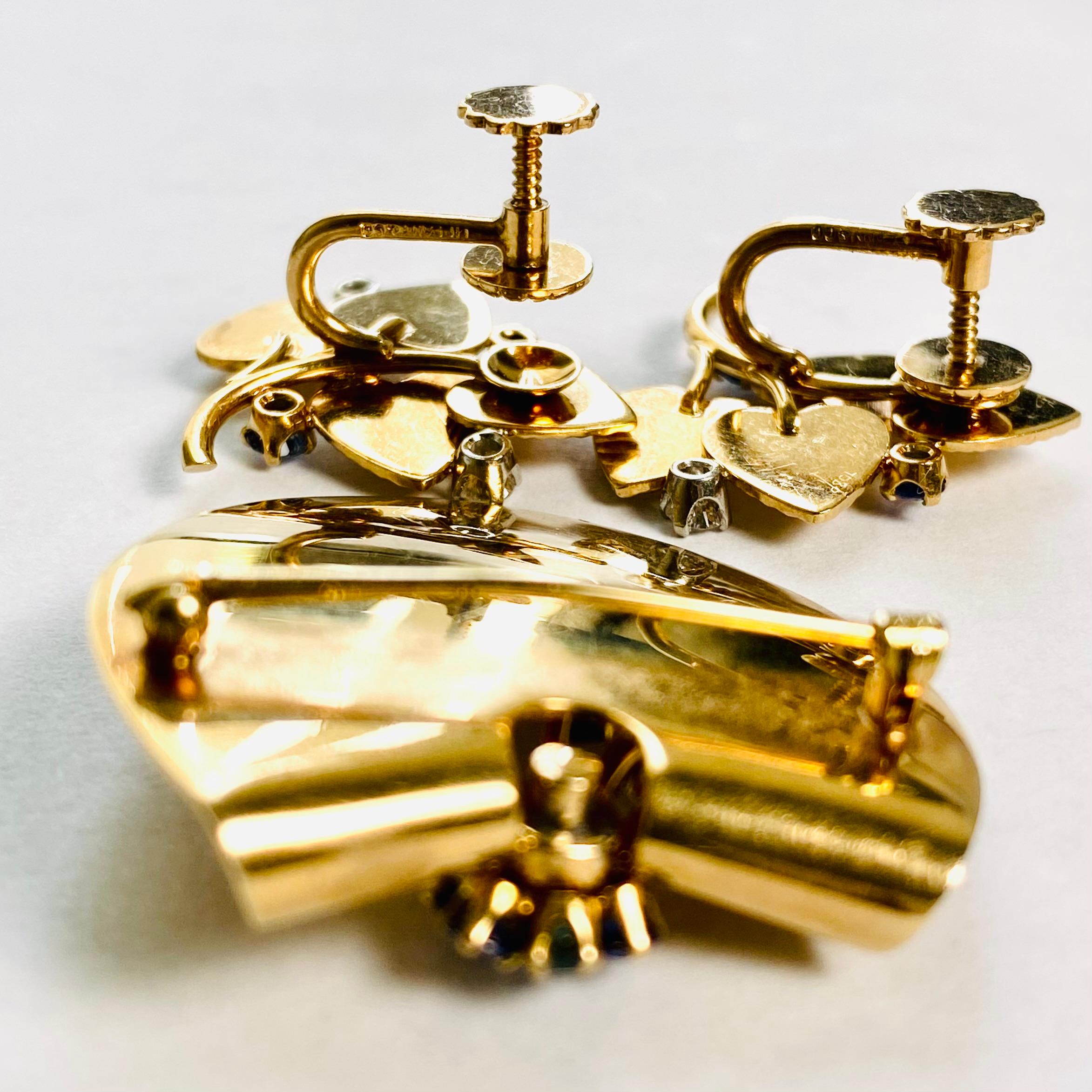Tiffany Retro Diamond Sapphire Yellow Gold Set Earrings Pendant Signed 7451 5