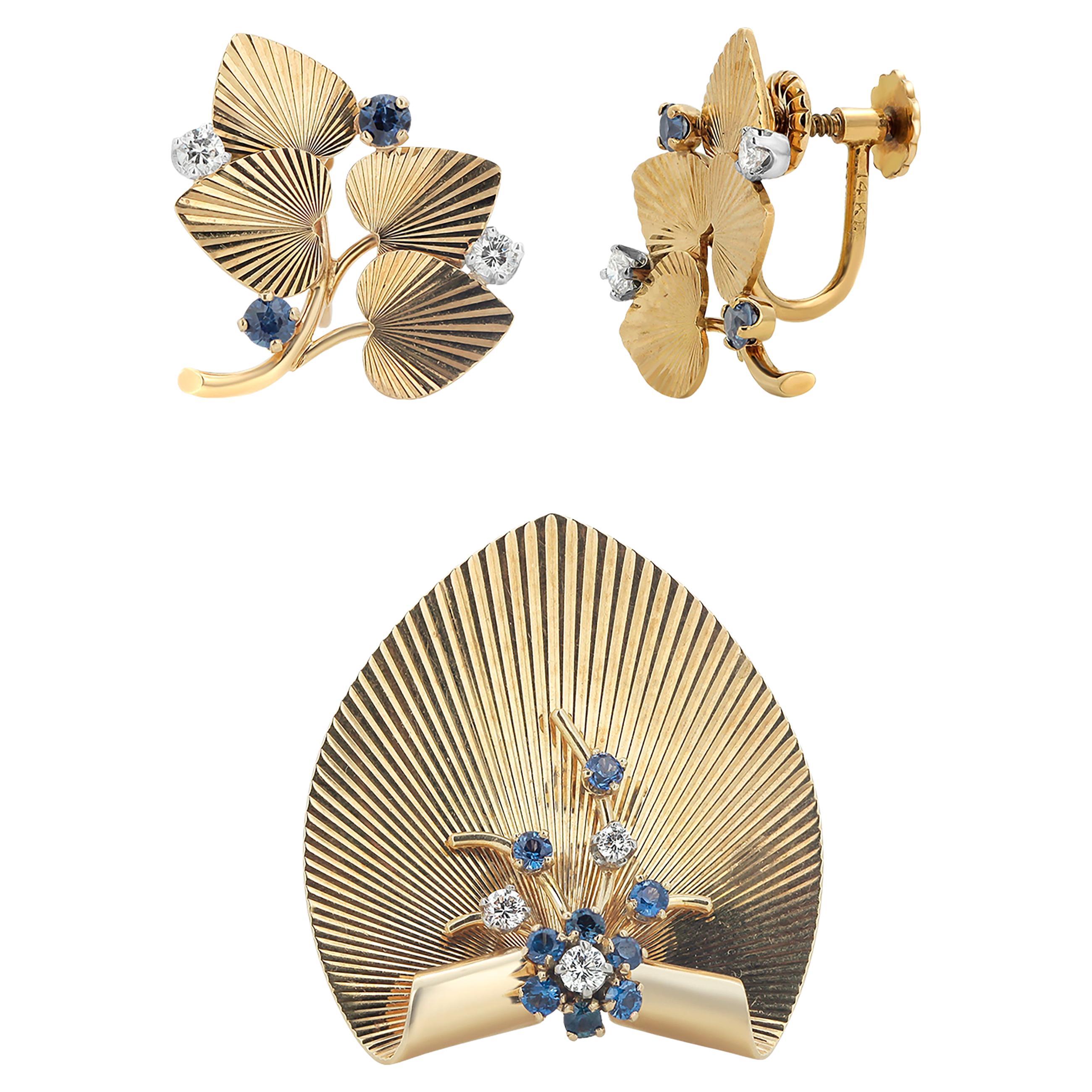 Tiffany Retro Diamond Sapphire Yellow Gold Set Earrings Pendant Signed 7451 2