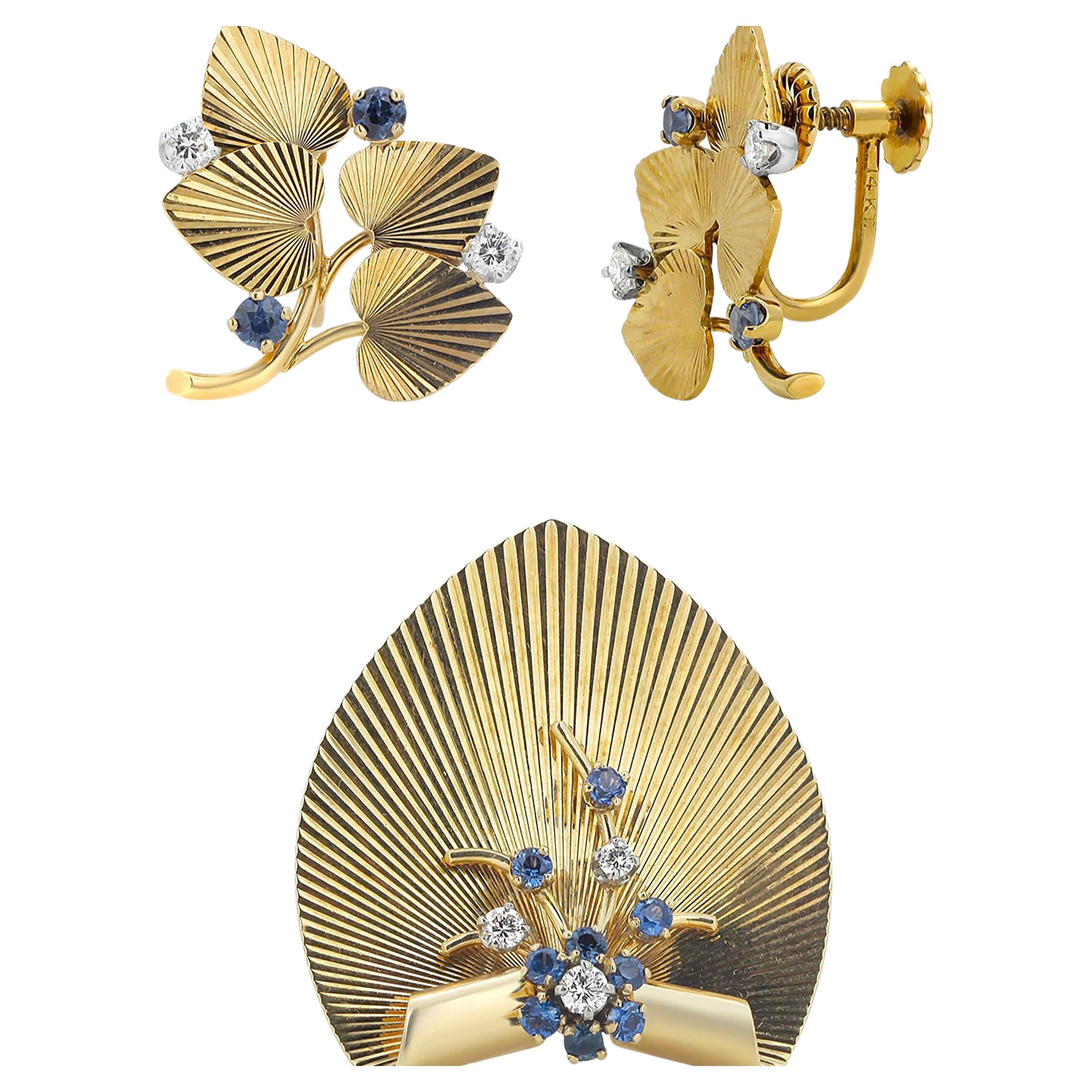 Tiffany Retro Diamond Sapphire Yellow Gold Set Earrings Pendant Signed 7451