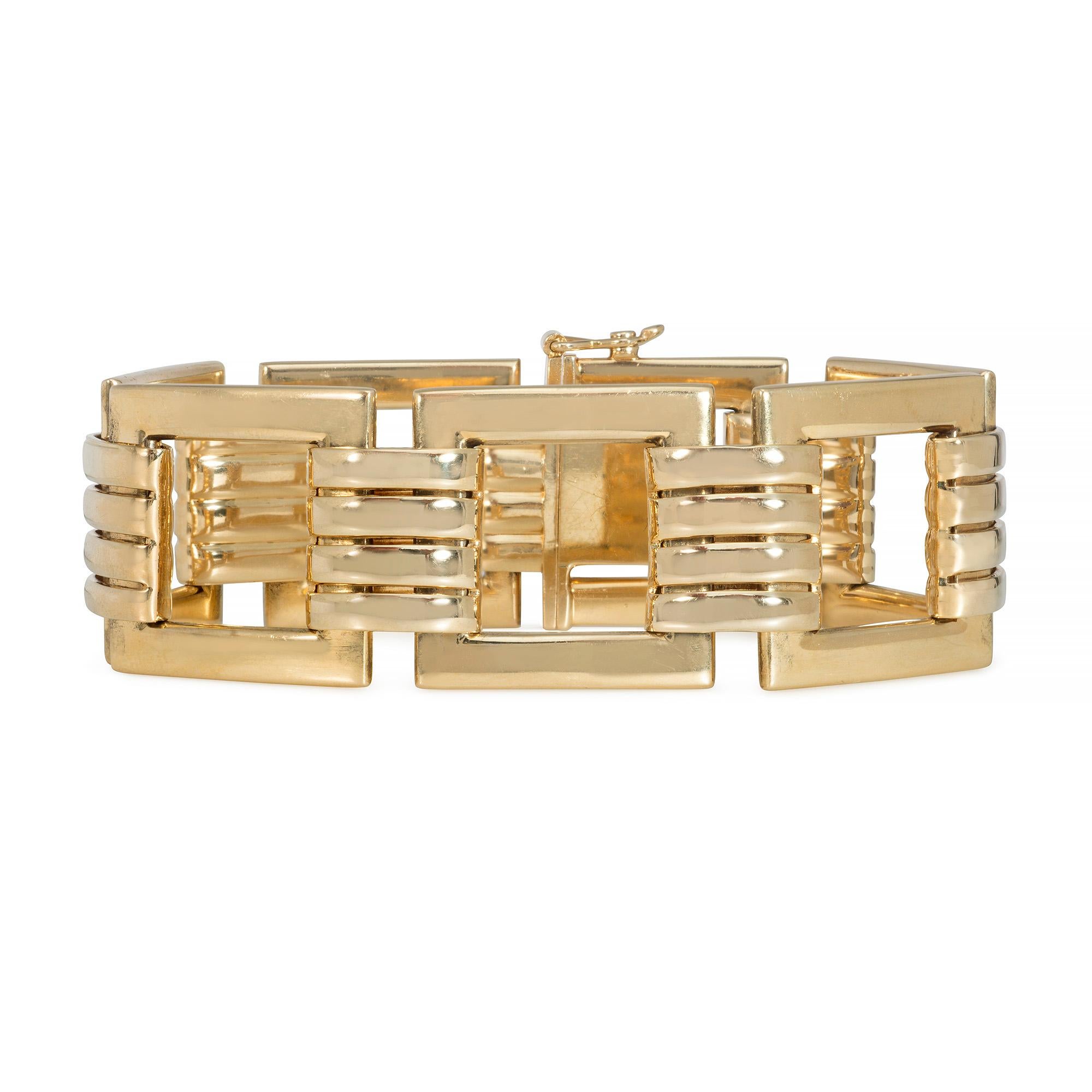 Ein Retro-Goldarmband aus quadratischen Gliedern mit gerippten Zwischengliedern in 14k. Tiffany & Co.