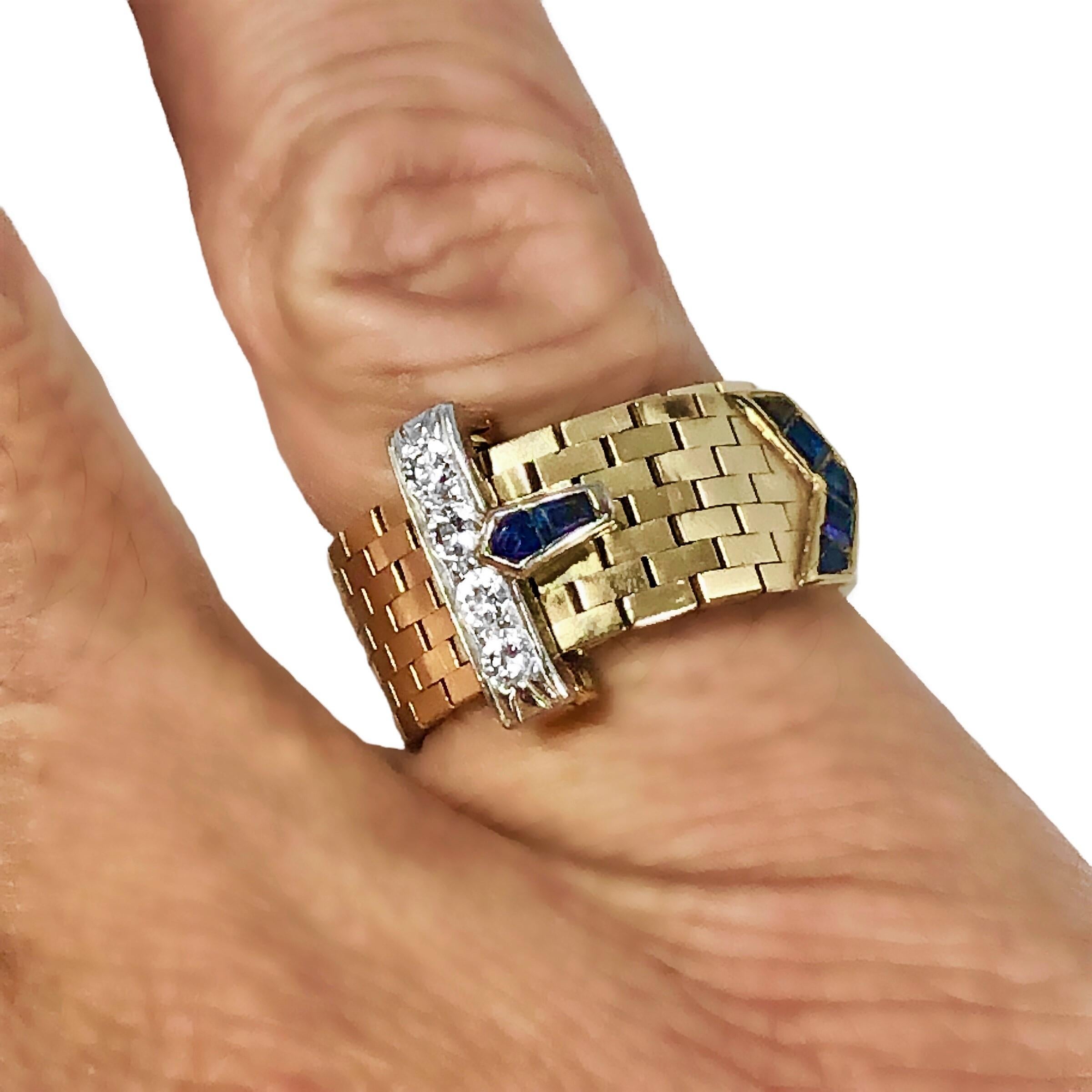Tiffany Retro Period Brick Link Buckle Ring with Diamonds and Sapphires 3