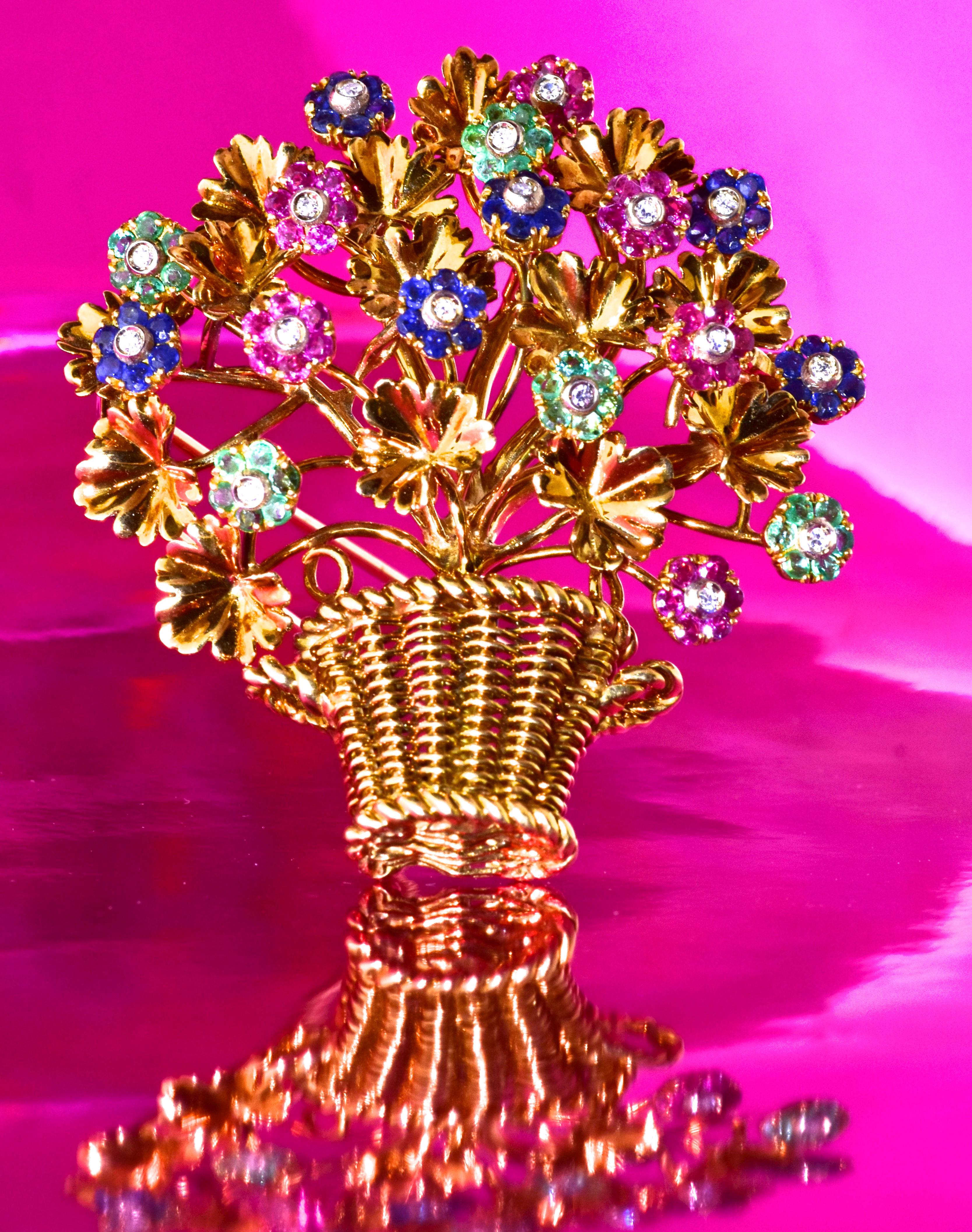 Tiffany & Co. 18K large brooch of a basket of flowers - en tremblant - the flower buds are set so that they 