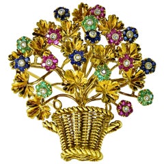 Tiffany Retro Ruby, Sapphire, Emerald, Diamond Brooch, circa 1965