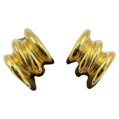 Retro Tiffany Ribbed Yellow Gold Clip On Earrings