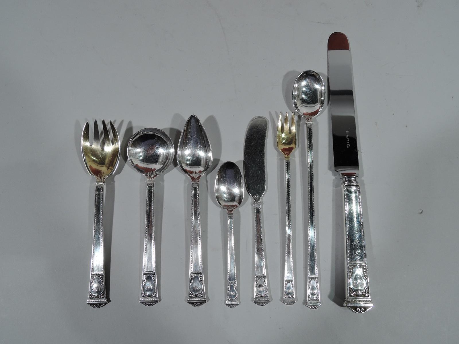 Sterling silver dinner and luncheon set for 12 in San Lorenzo pattern. Made by Tiffany & Co. in New York.

This set comprises 170 pieces (dimensions in inches): Forks: 12 dinner forks (7 3/4), 12 luncheon forks (7), 12 salad forks (6 7/8), 12