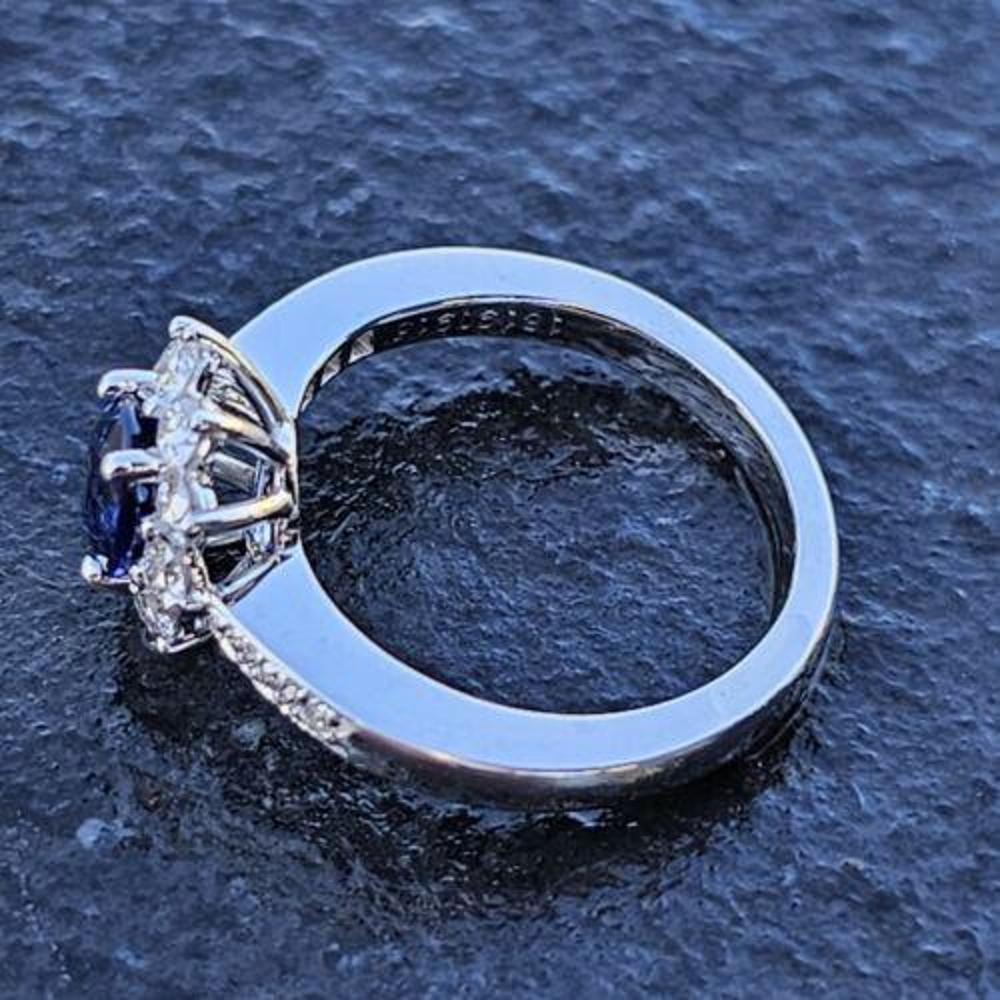 Modern Tiffany Sapphire Diamond Ring Platinum Oval Halo Sz 6 For Sale