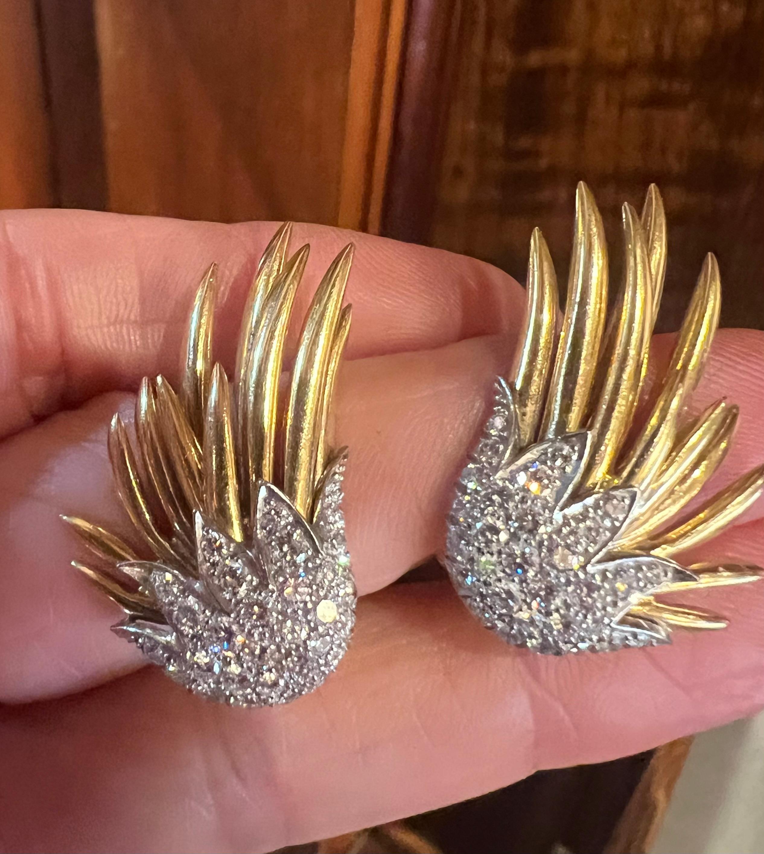 Tiffany Schlumberger, boucles d'oreilles flamme en or 18 carats, platine et diamants Pour femmes en vente
