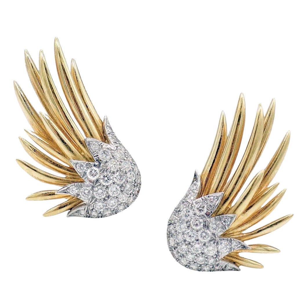 Tiffany Schlumberger, boucles d'oreilles flamme en or 18 carats, platine et diamants en vente