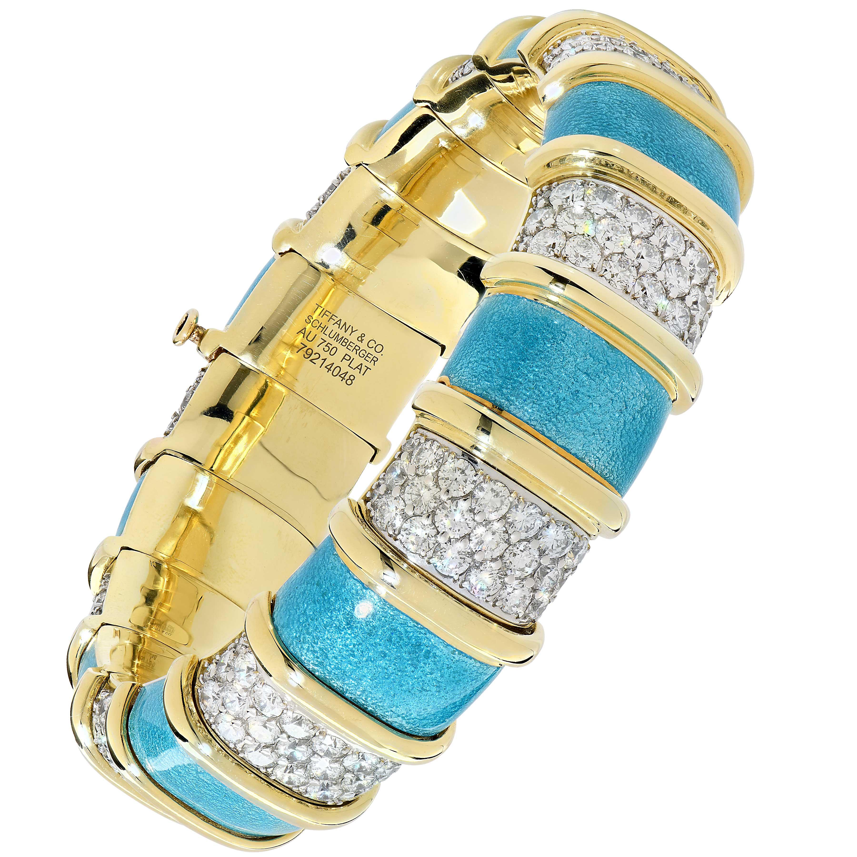 Taille ronde Tiffany Schlumberger Bracelet en émail bleu et diamants