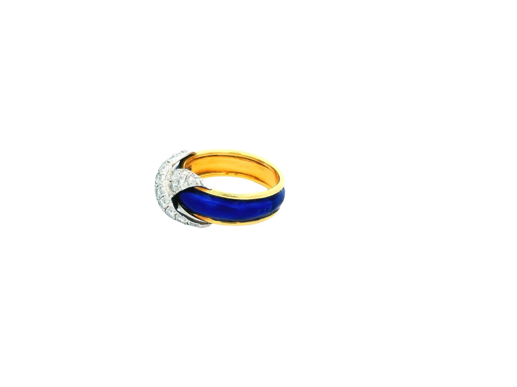 Tiffany Schlumberger Blue Enamel Platinum Pave X Ring In Good Condition For Sale In Great Neck Plaza, NY