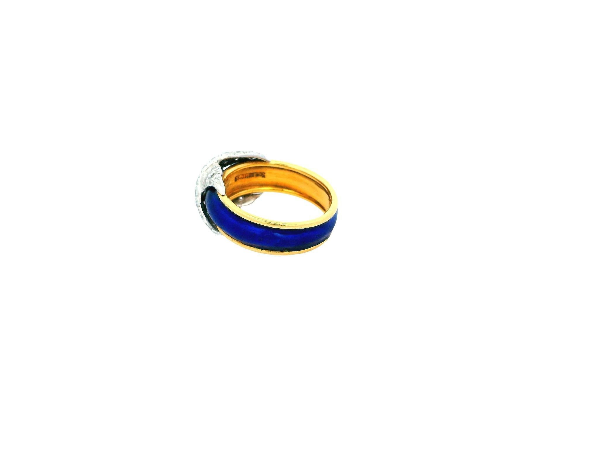 Women's Tiffany Schlumberger Blue Enamel Platinum Pave X Ring For Sale