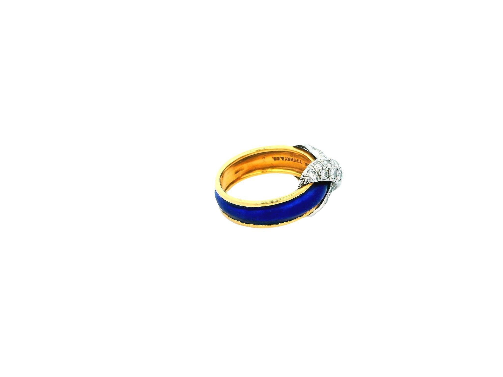 Tiffany Schlumberger Blue Enamel Platinum Pave X Ring For Sale 1