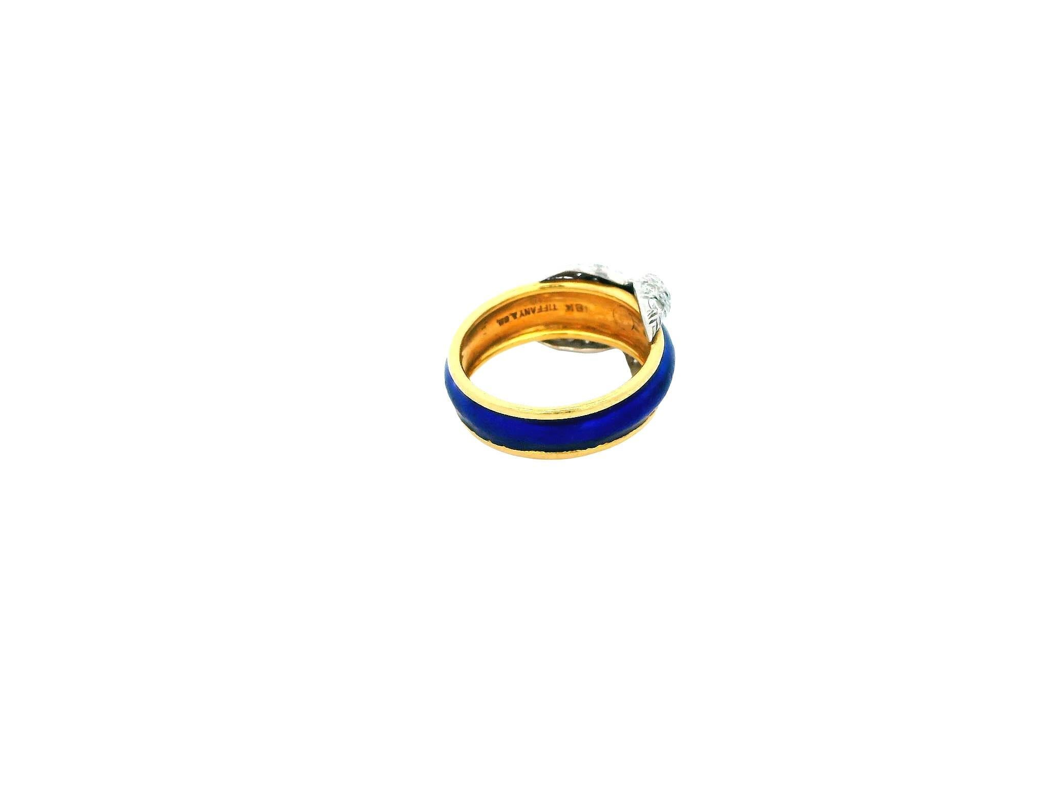 Tiffany Schlumberger Blue Enamel Platinum Pave X Ring For Sale 2
