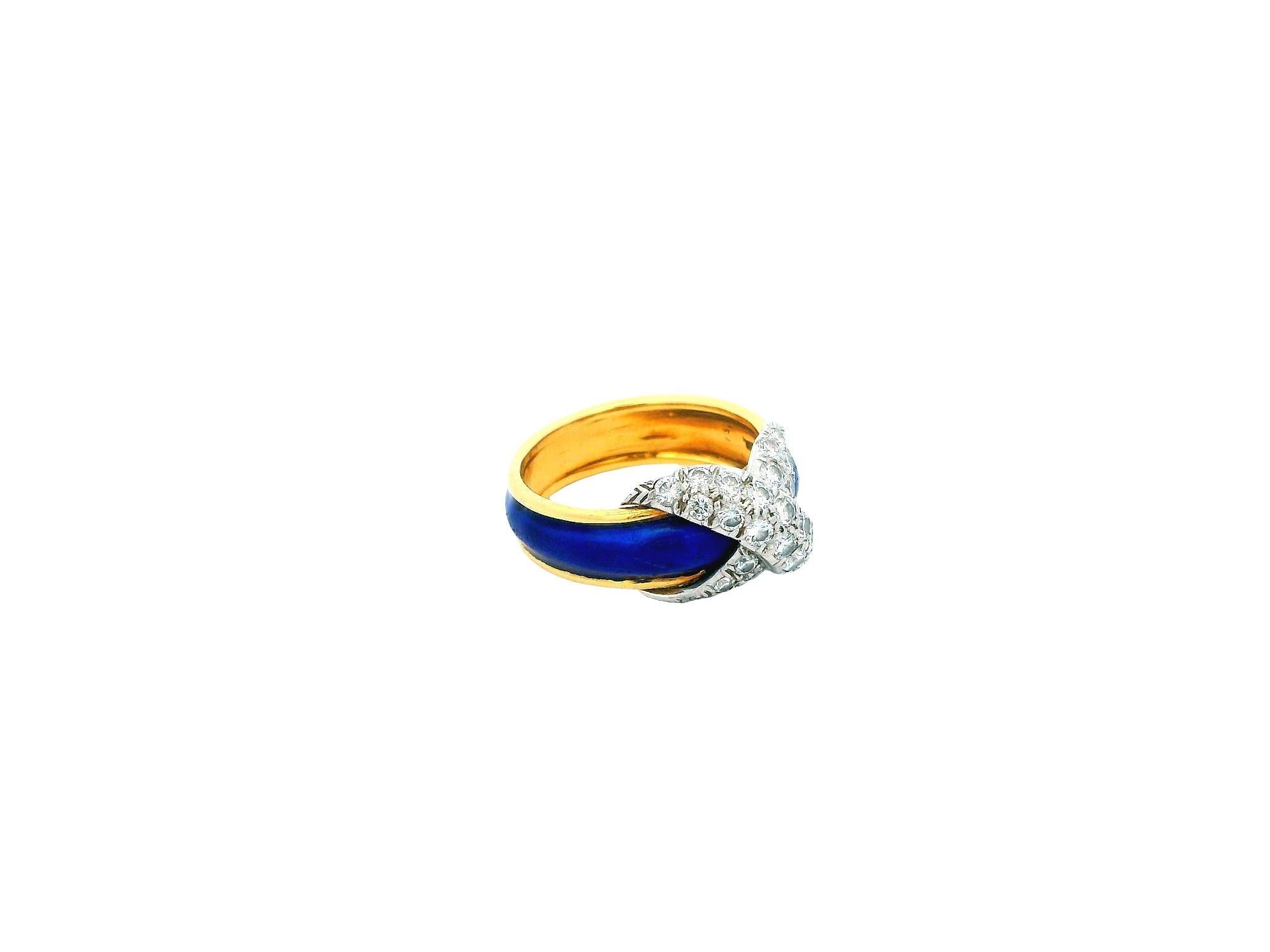 Tiffany Schlumberger Blue Enamel Platinum Pave X Ring For Sale 3