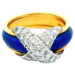 Used Tiffany Schlumberger Blue Enamel Platinum Pave X Ring