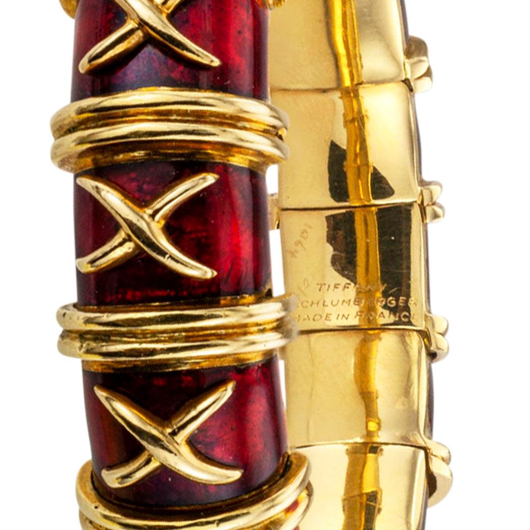 Modern Tiffany Schlumberger Croisillon Red Enamel Gold Bangle Bracelet For Small Wrist