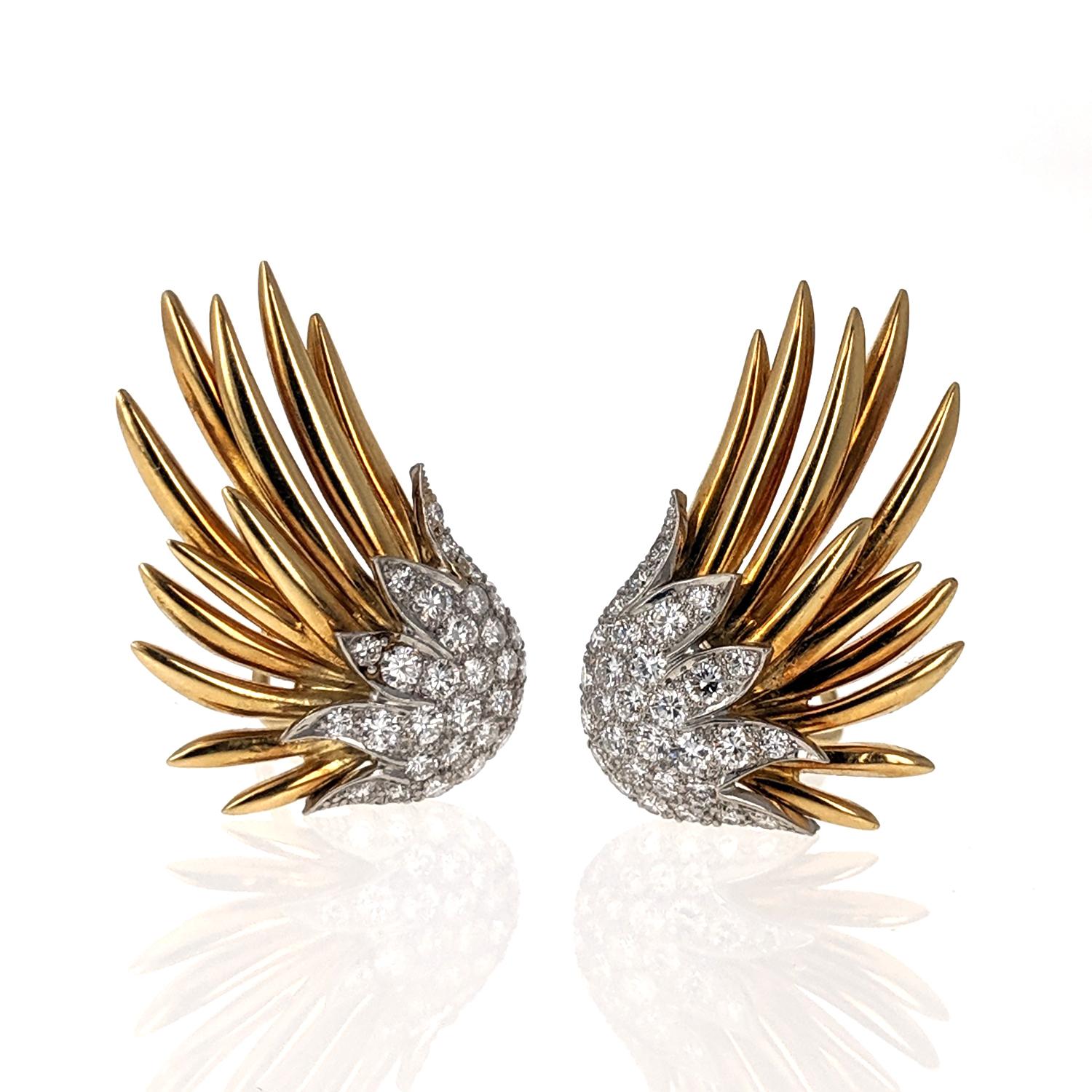 These chic Paris Flame ear clip earrings are set with round diamonds of approximately 1.25 carats total. They are mounted in 18 karat gold. The are signed Tiffany Schlumberger and were made circa 1970.
One post removed.