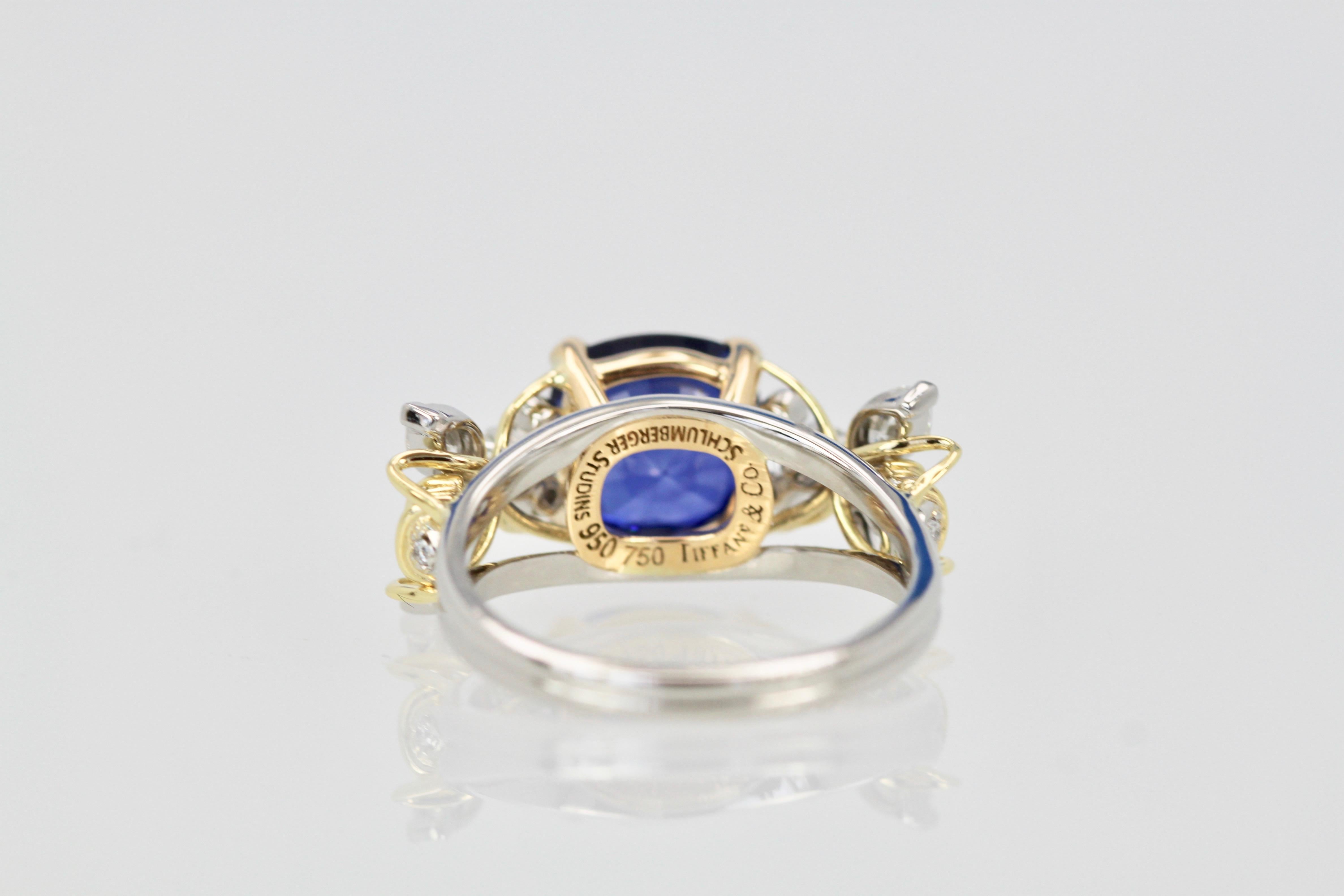 Cushion Cut Tiffany & Co. Schlumberger Double Bee Ring with Blue Sapphire Diamonds