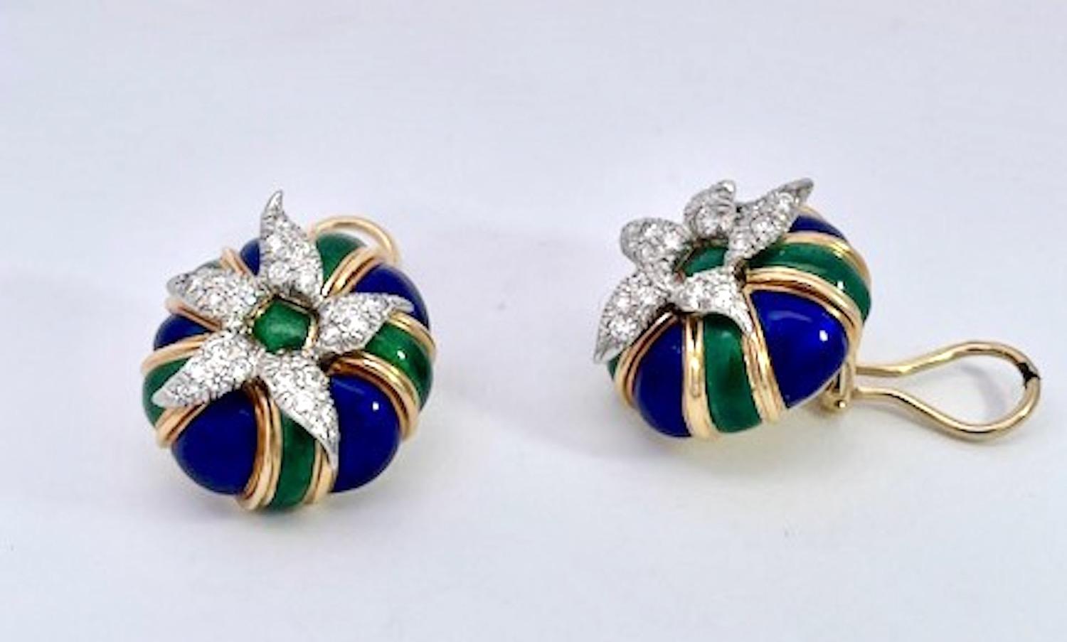Tiffany Schlumberger Enamel Earrings 18K Diamonds For Sale 5