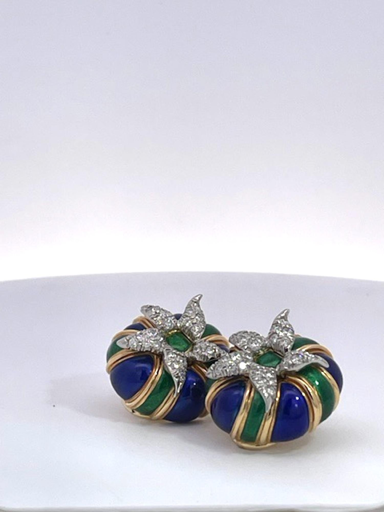 Modern Tiffany Schlumberger Enamel Earrings 18K Diamonds For Sale