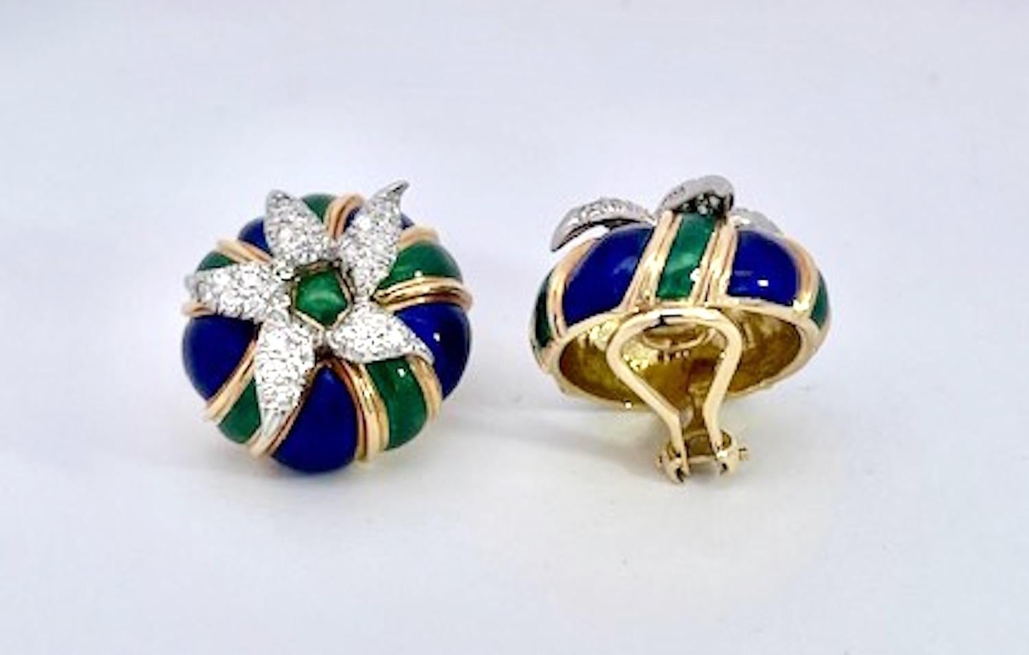 Modern Tiffany Schlumberger Enamel Earrings 18K Diamonds For Sale