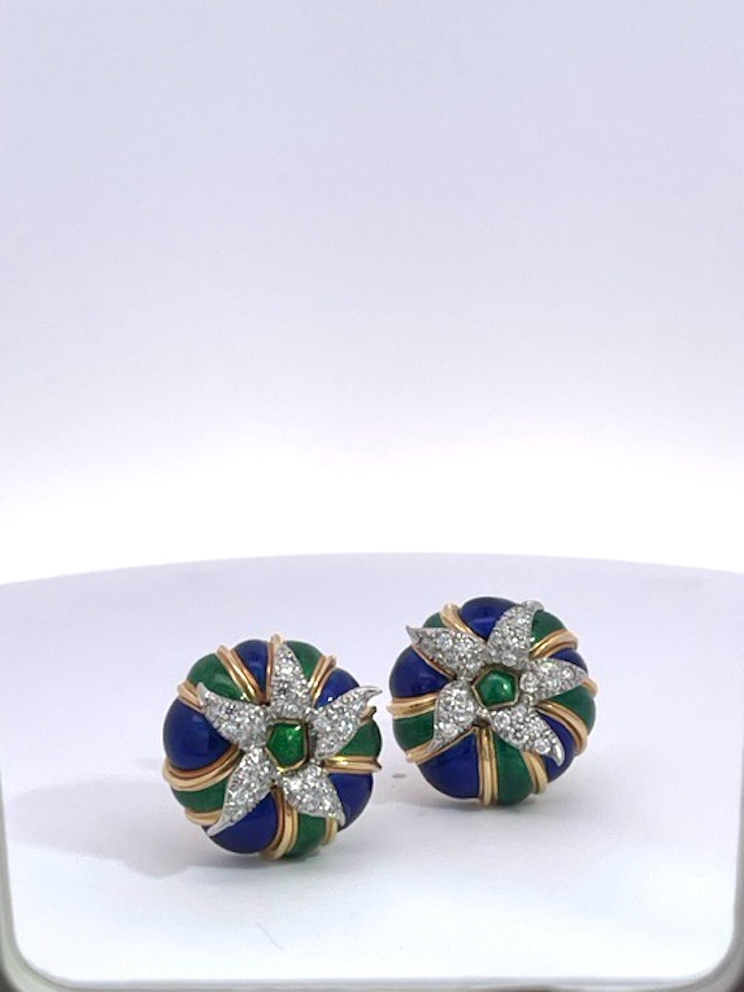 Round Cut Tiffany Schlumberger Enamel Earrings 18K Diamonds For Sale